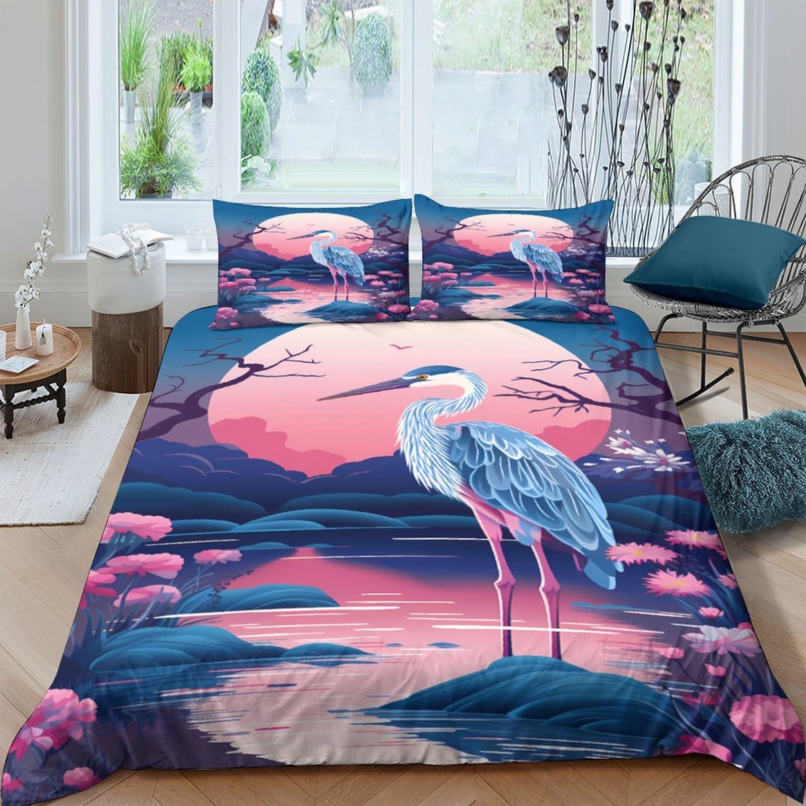 Ctjqhvkz Style-9 3D Printed Sunrise Heron Fitted Sheet Microfiber Soft Breathable Sunset Lake Mattress Cover For Bedroom Dorm Decor Single（135X200cm）