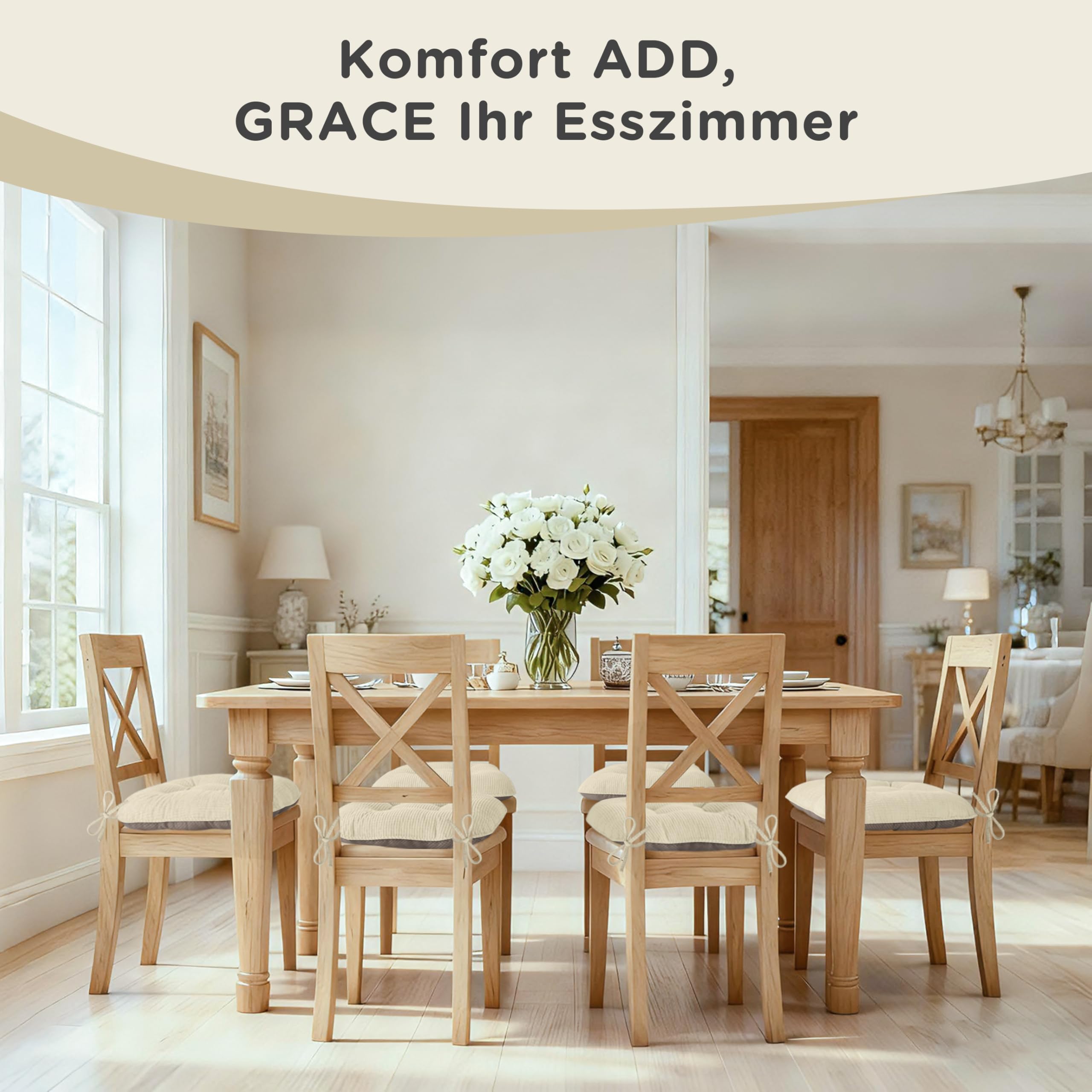 AddGrace Sitzkissen für Esszimmerstühle mit Bändern 43x40cm 4er Set Beige