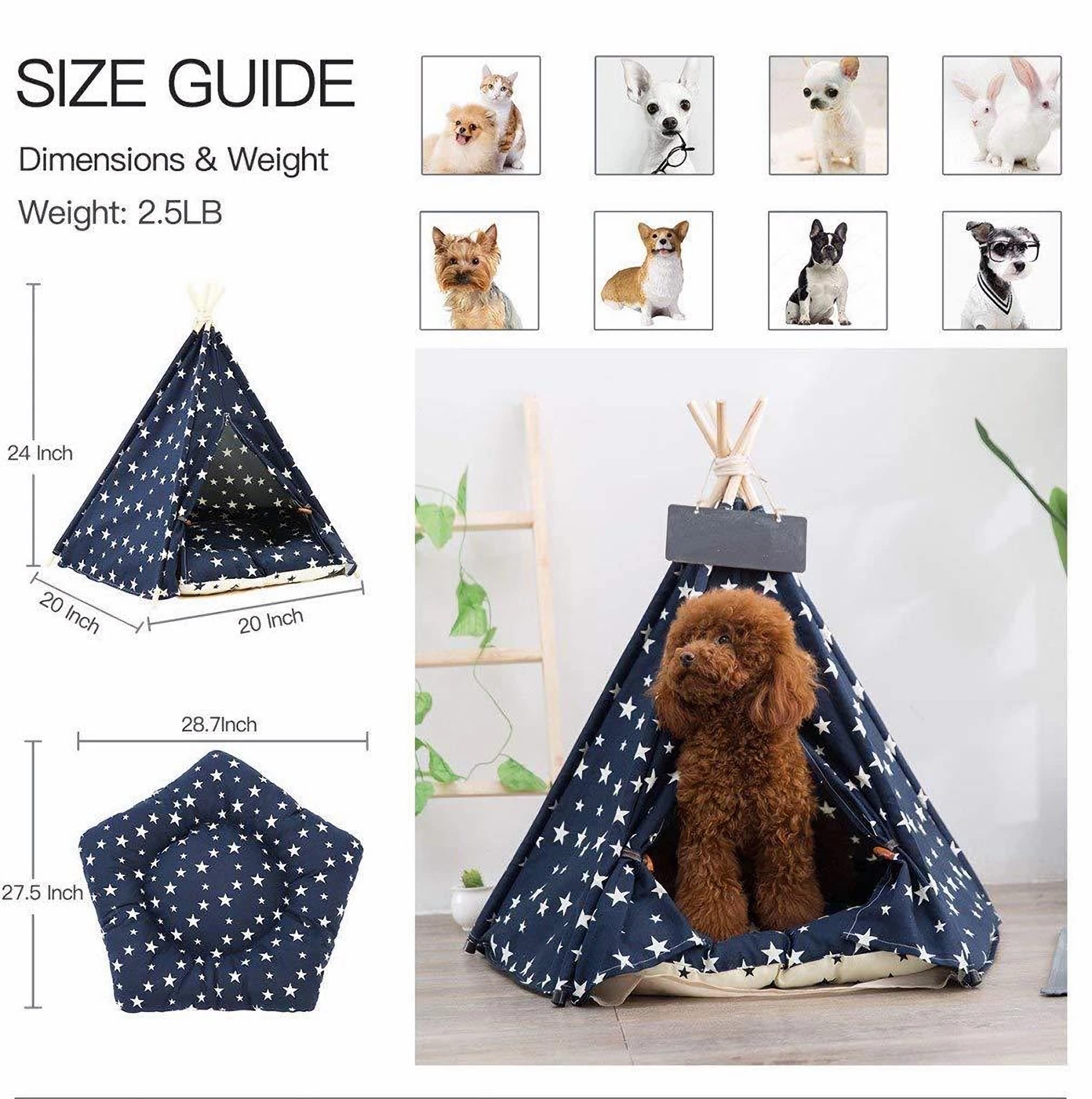 SEOUGEE Tienda de campaña para perros y gatos, lavable y extraíble, lona de algodón, cama para perros y gatos, con cojín, interior y exterior, caseta para mascotas y casa de juegos, portátil y