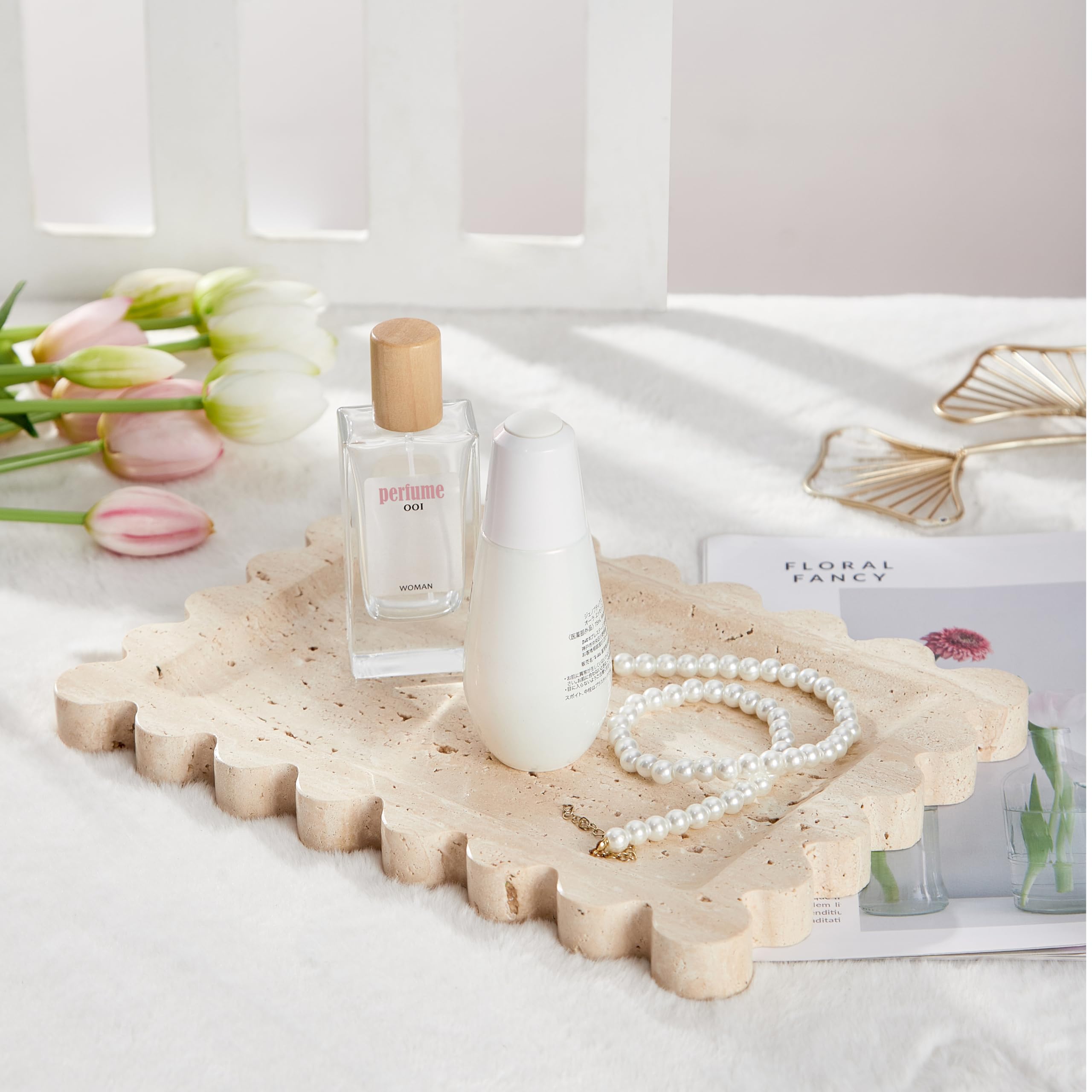 Denique Natural Travertine Tray with Scalloped Edge, 10.8x8 Rectangle Vanity Tray for Bathroom Kitchen Countertop, Beige Decorative Stone Storage Tray for Dresser Home Decor