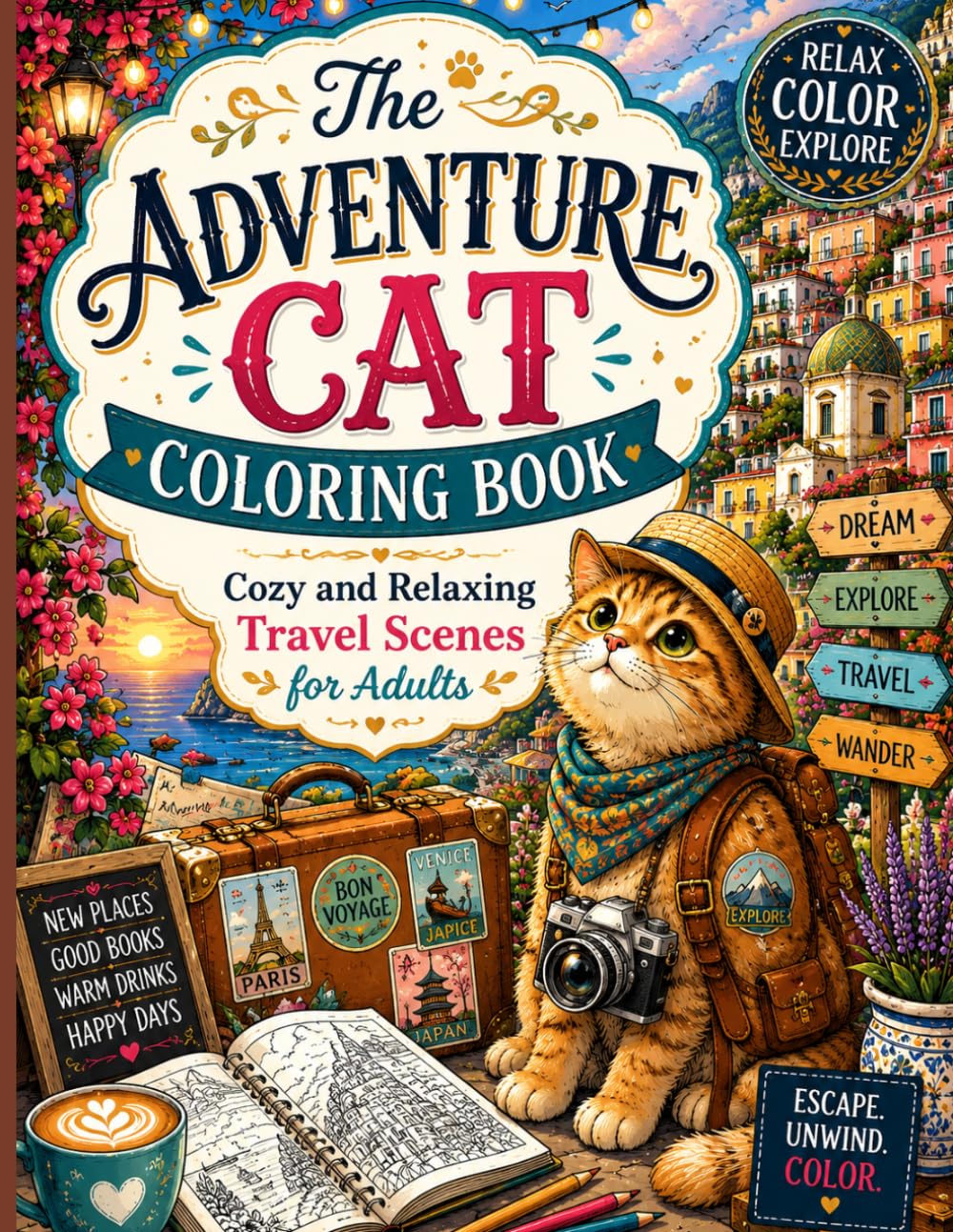The Adventure Cat Coloring Book: Cozy and Relaxing Travel Scenes for Adults