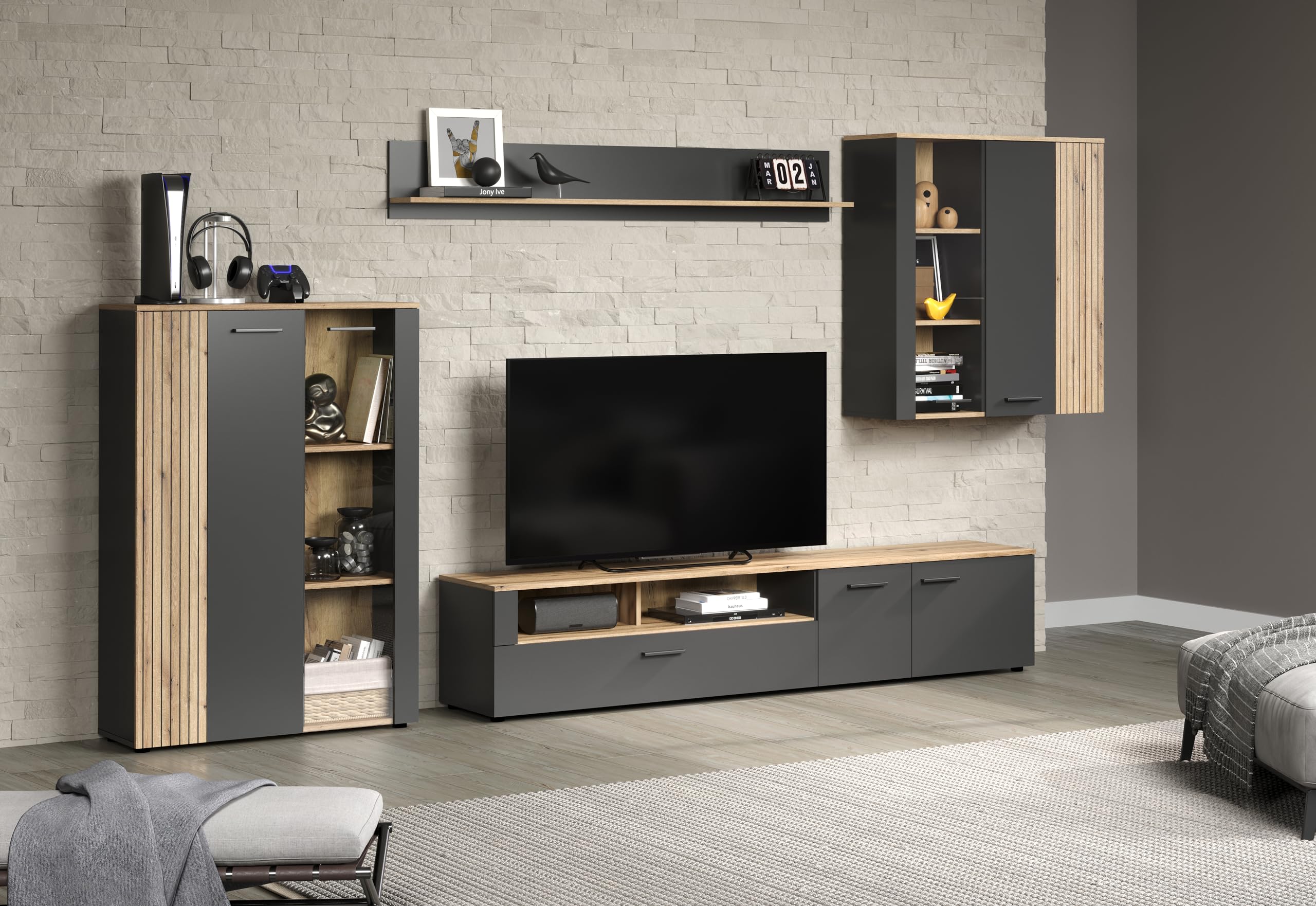trendteam smart living - Anbauwand Wohnwand - Wohnzimmer - Esteban - Aufbaumaß (BxHxT) 300 x 200 x 41 cm - Farbe Anthrazit mit Coast Evoke Eiche - Rillenoptik - 231296184
