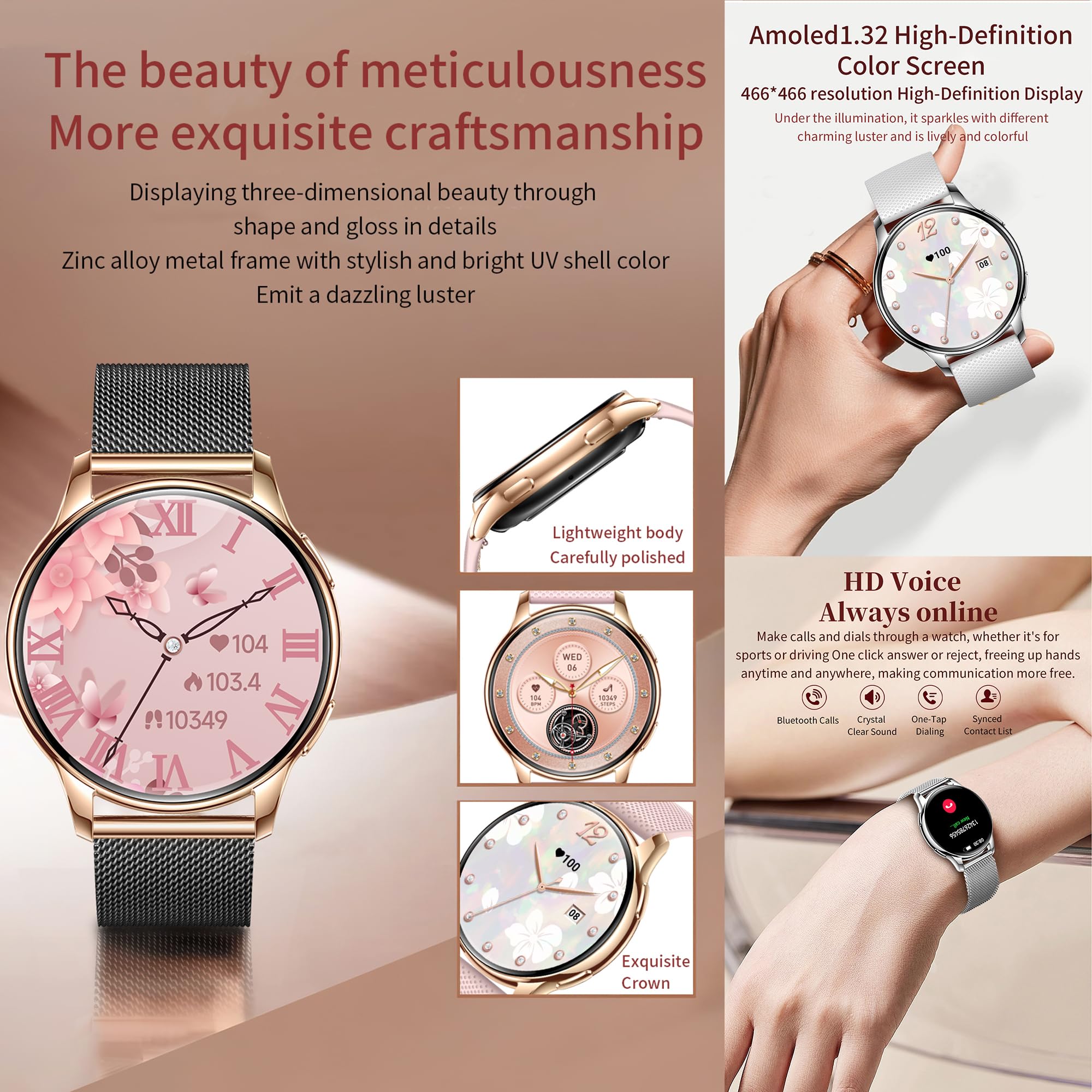 Smartwatche Kobiety z Funkcje Telefonu Bluetooth, Bateria 300 mAh, Sportowy Smartwatch 1,32" AMOLED ze 110+ trybami Sportowymi, Pomiarem Tętna, SpO2, Wodoodpornością dla Android iOS (Złoto)