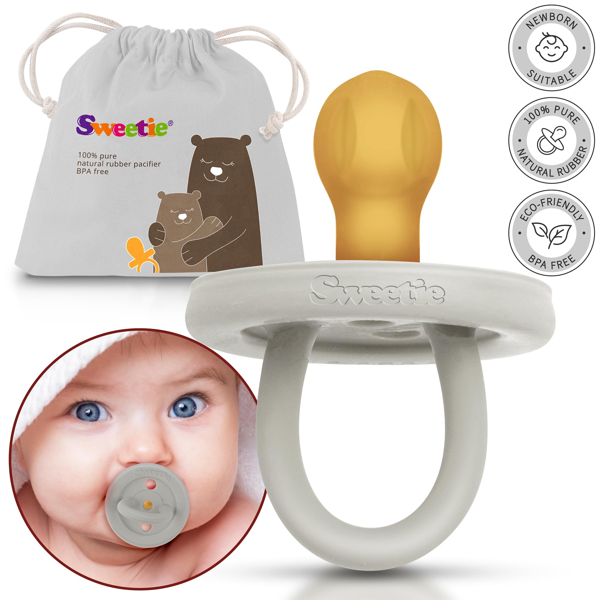 SWEETIE Rubber Pacifier Natural Rubber Pacifier Rounded Grey Medium 6-12 Month
