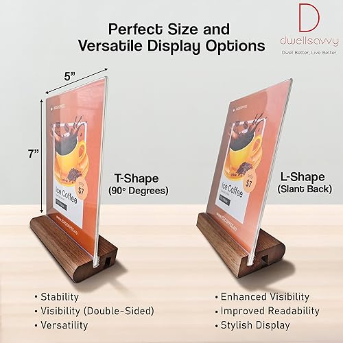 Miniatura 4 de Soporte acrílico para letreros de 5 x 7 pulgadas 3 paquetes Base de madera de nogal y marco acrílico cristalino exhibición de mesa de doble cara.