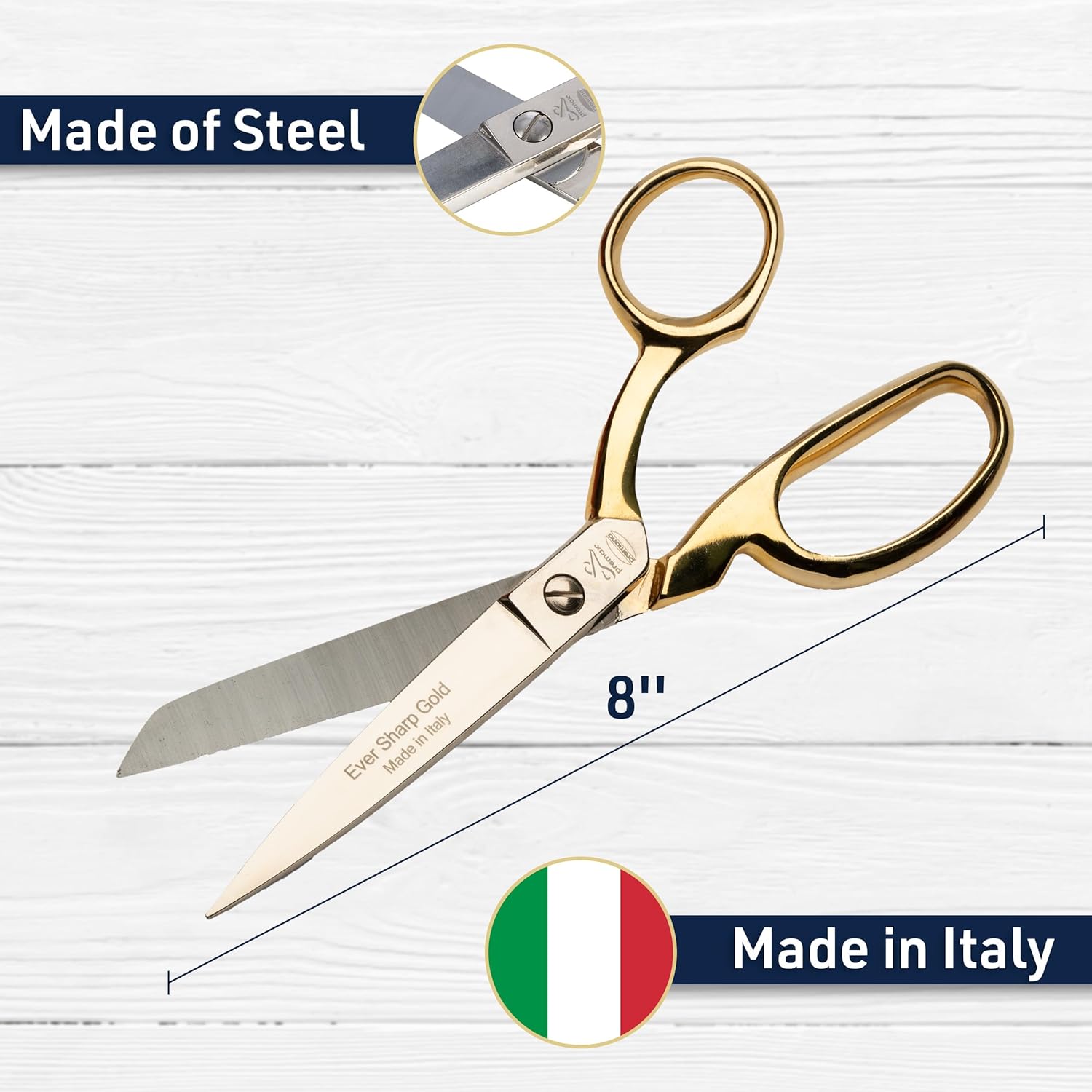 Kings County Tools Dressmaker's Fabric Scissors | Stainless Steel Blades & Gold-Plated Brass Handles | Made in Italy | 8-Inch Long