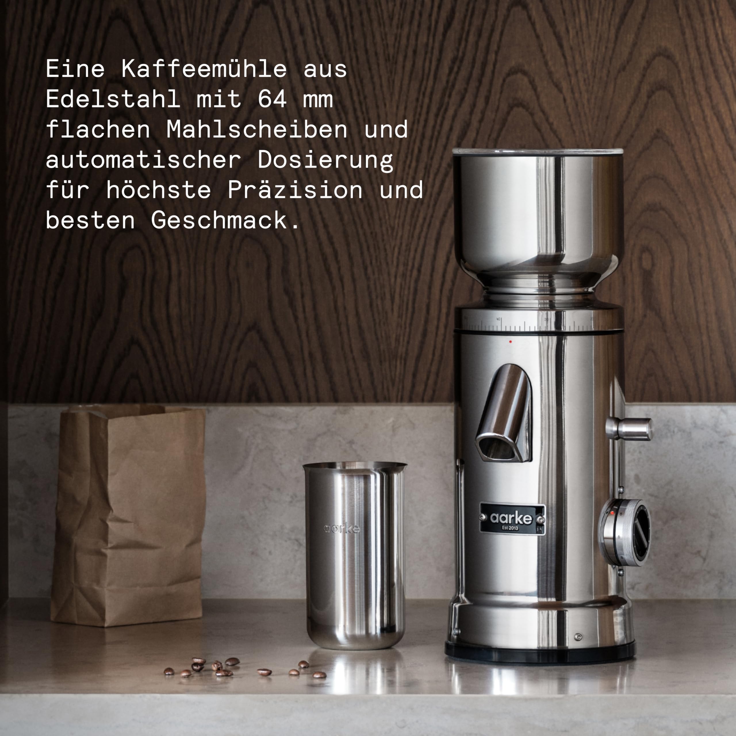 Aarke Kaffeemühle elektrisch – Edelstahl-Kaffeemühle mit einstellbarem Mahlgrad, 64-mm-Mahlscheiben, automatischer Dosierung & Speicherfunktion – für Espresso, Filter & Cold Brew