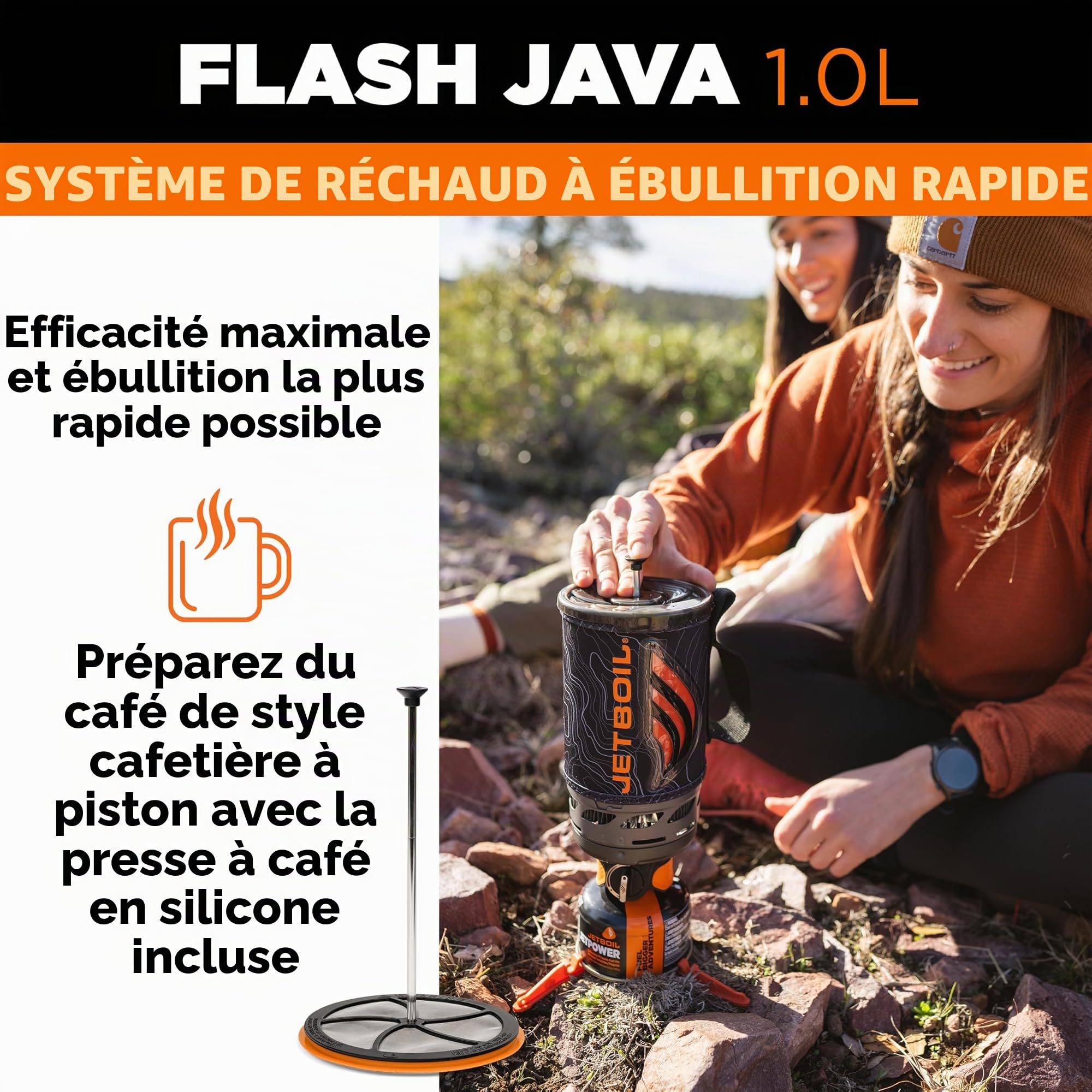 Jetboil Flash Réchaud portable à ébullition rapide avec presse française en silicone et allumage automatique pour camping et randonnée, brûleur au propane/isobutane avec tasse de cuisson, nouveau pour