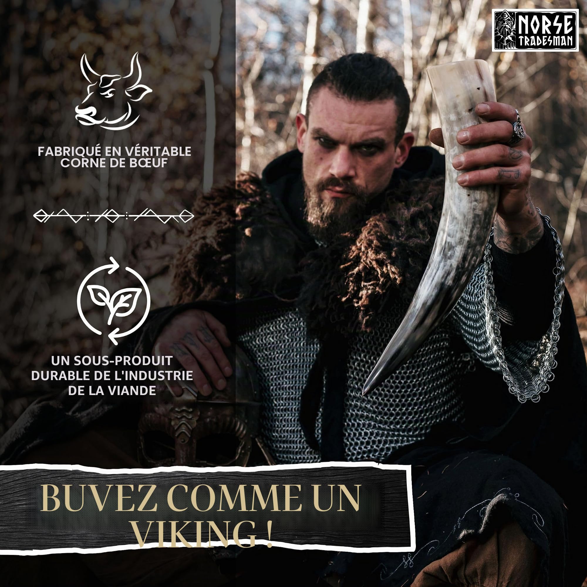 Norse Tradesman Corne de boeuf véritable Viking avec support en corne et ornements de loup en laiton | Sac cadeau en toile de jute inclus | The Jarl, Poli, 30 cm