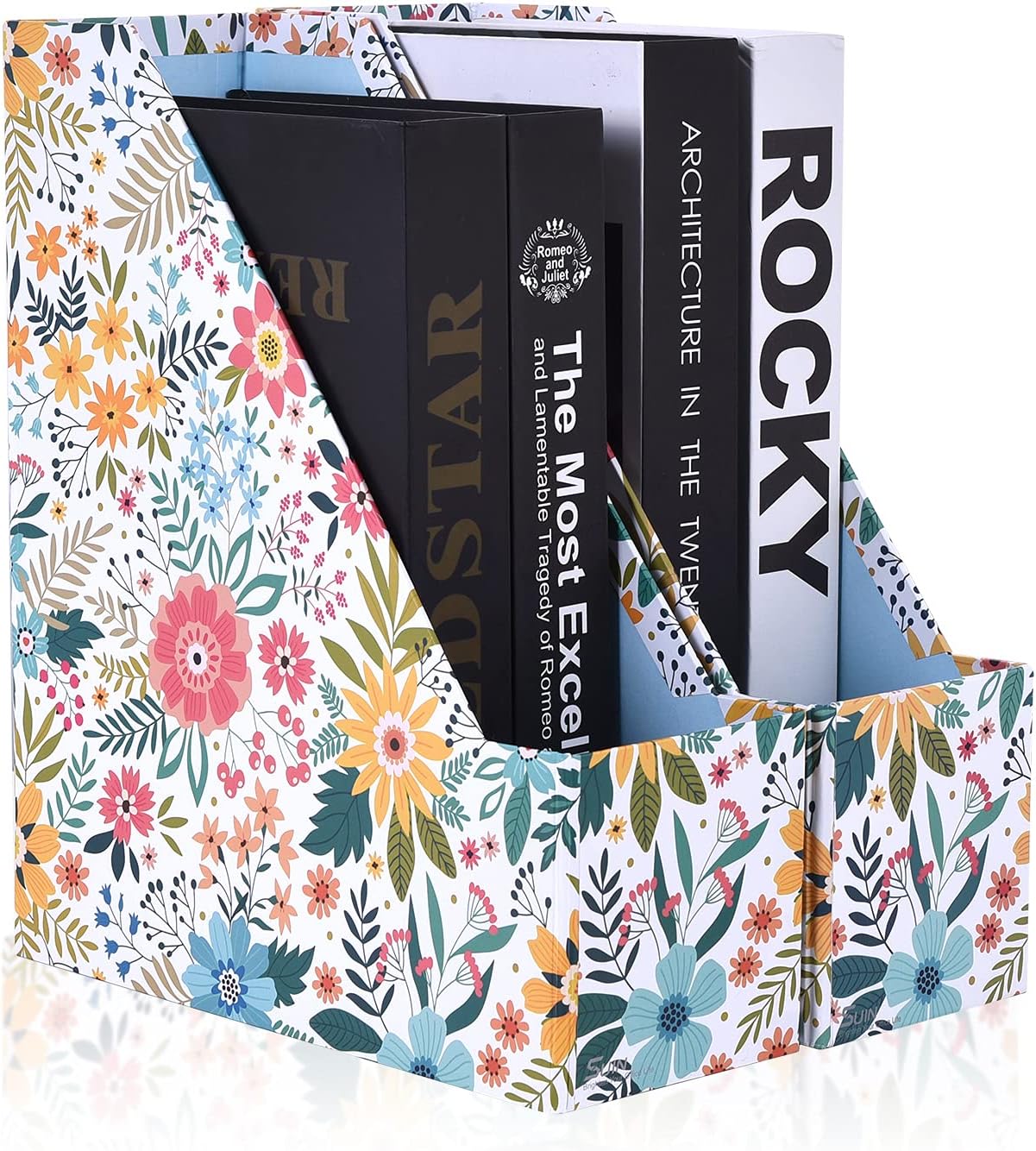 SUIN 2 Packs Foldable Magazine-File Holder, Seamless Floral Design File-Boxes Desk Organizer for Office/Home/School, Cardboard