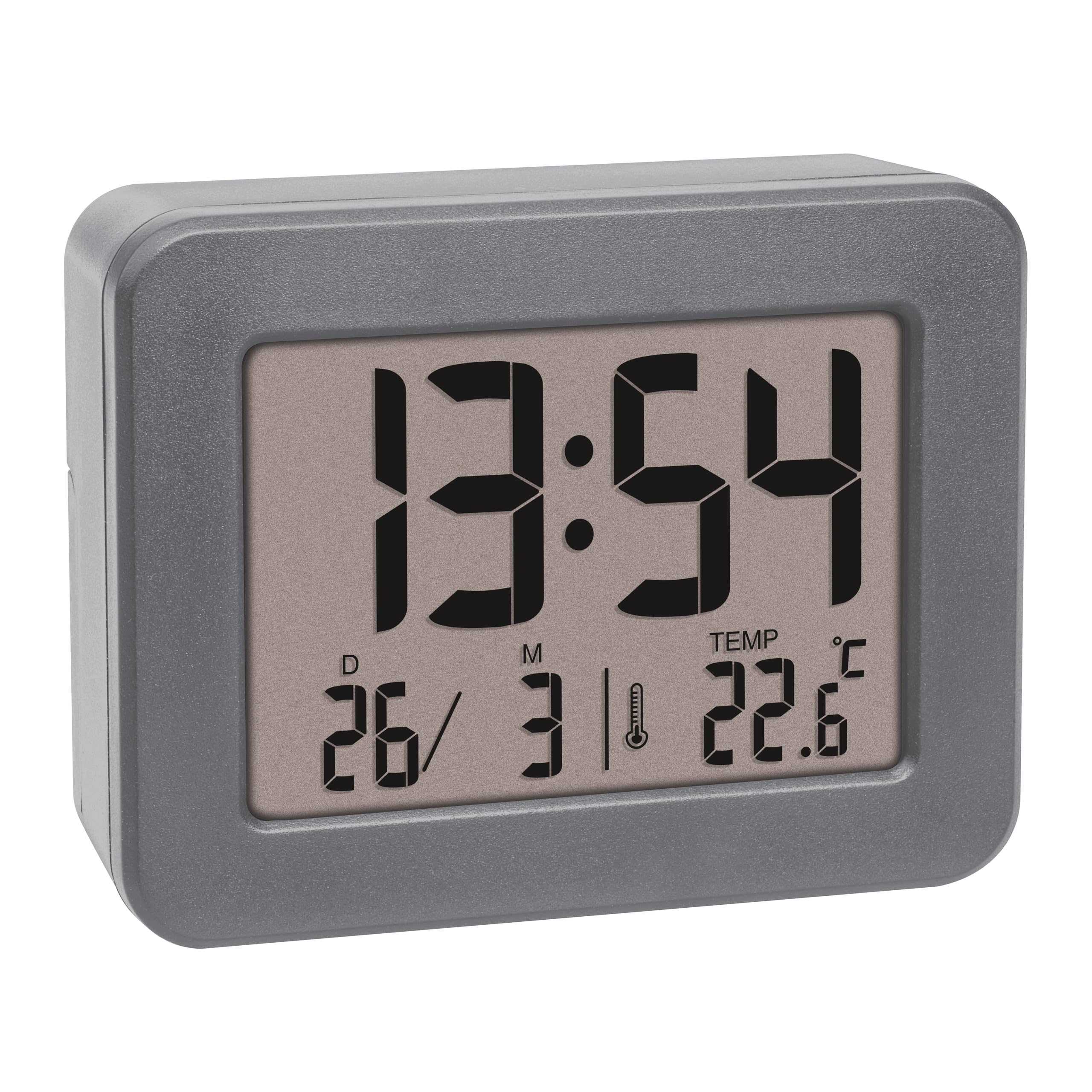 TFA Dostmann Despertador Digital de Viaje 60.2044.10, Funciona con Pilas, con Alarma Fuerte, Incluye termómetro Interior, indicador de Fecha, Reloj de Cuarzo, pequeño y Compacto, Color Gris