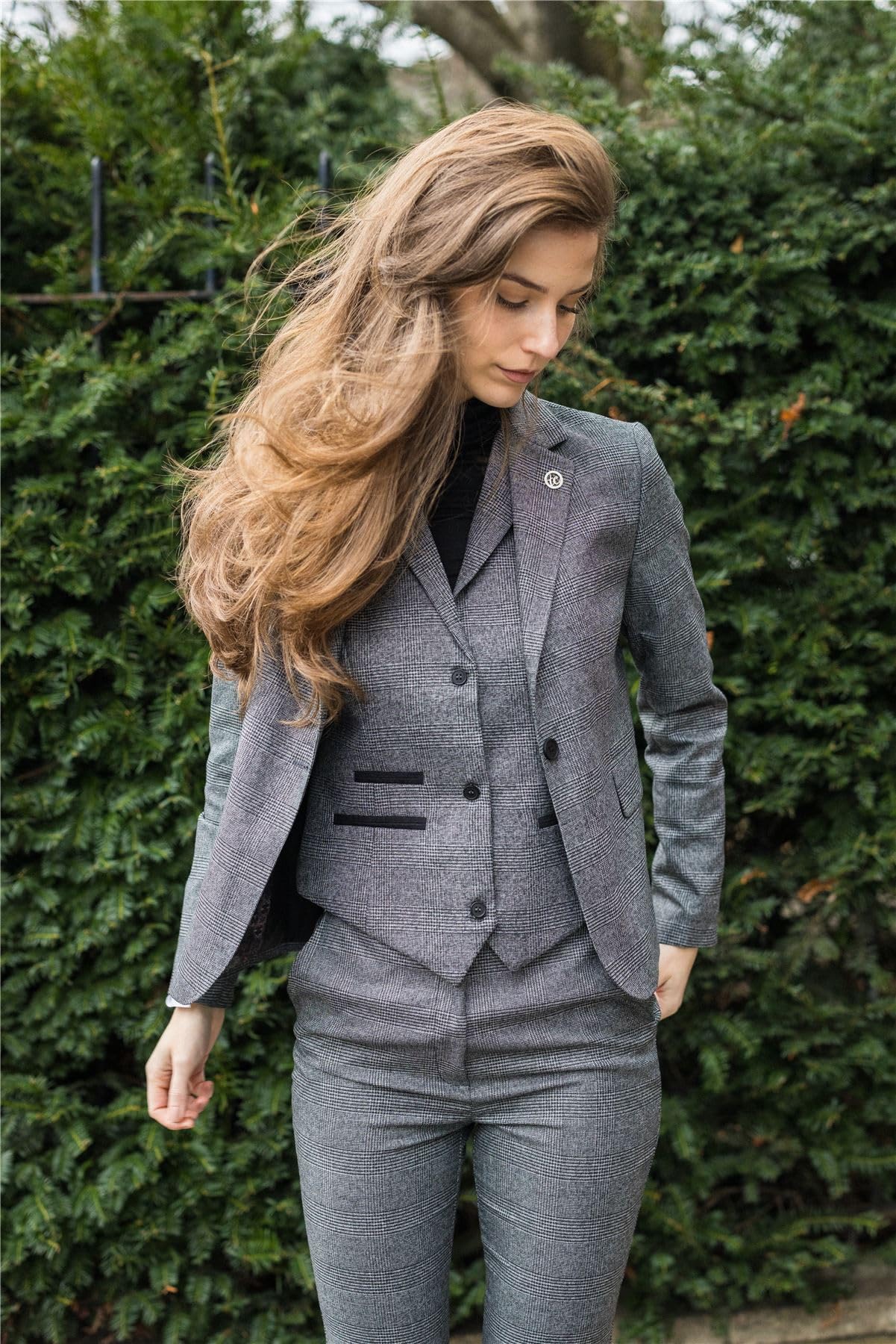 TruClothing.com Damen Anzug 3 Teilig Grau Karo Tailored Fit Business Formal