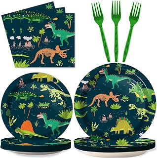 Tevxj 96PCS Dinosaur Tableware Set Fossil Dinosaur World Dinnerware Disposable Plates Dinosaur Theme Party Plates Napkins Forks for Boys Kids Dino Birthday Shower Party Decorations Supplies 24 guests