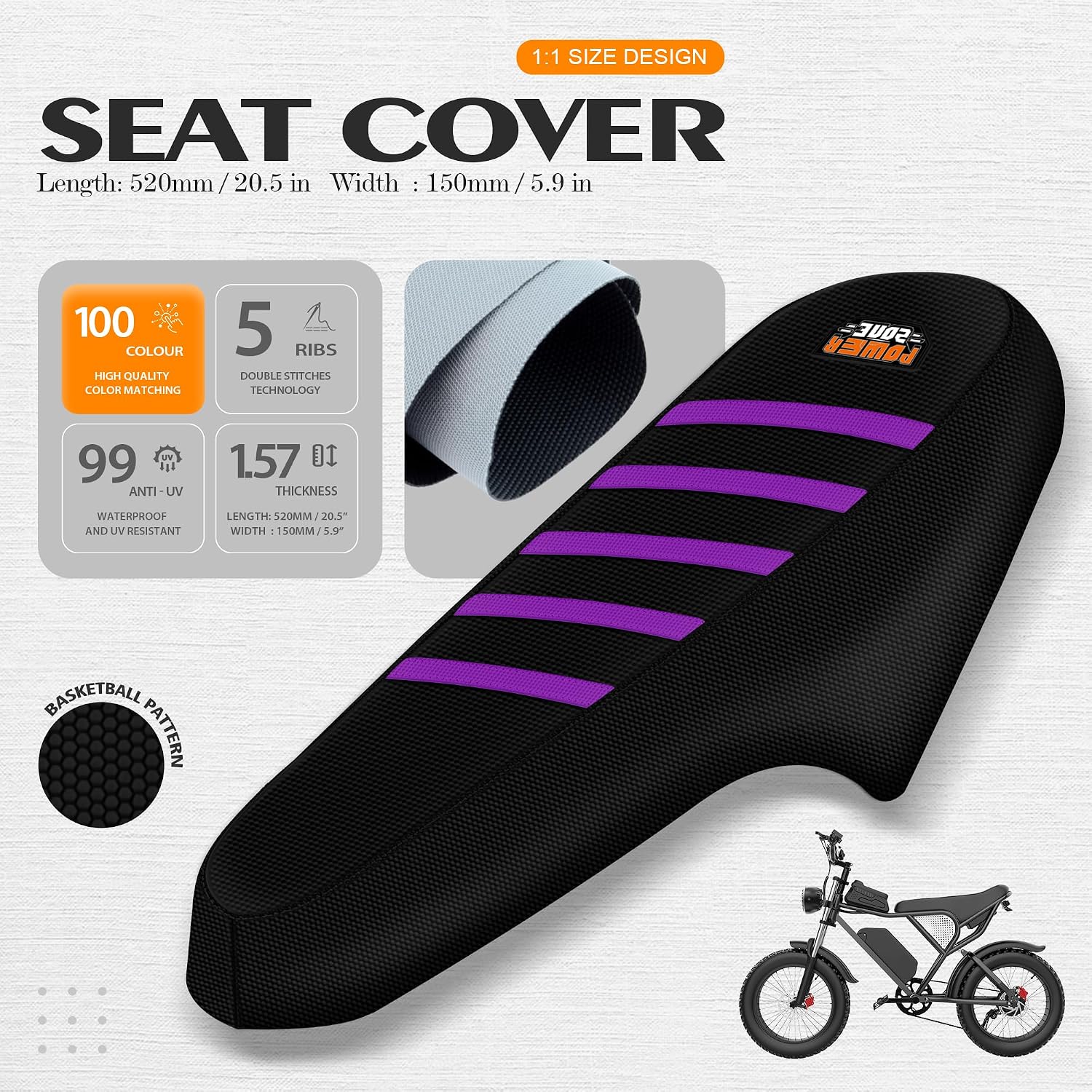Ribbed Seat Cover Compatible with Q20 - Non-Slip Electric Ebike Seat Cover Cushion (Black-Purple)