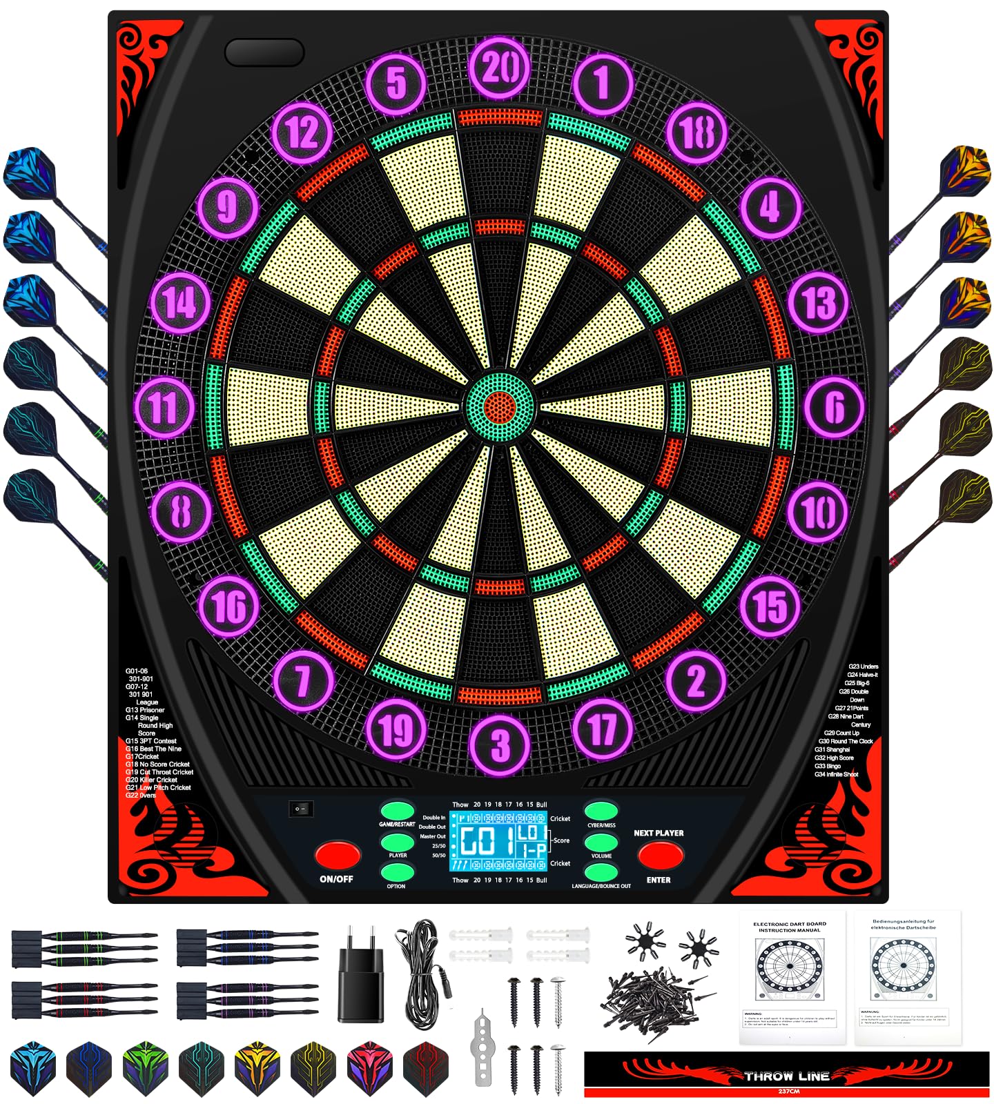 Mejasg Dartscheibe Elektronisch mit Deutsche Stimme&Beleuchteter Zahlenring | LCD-Display mit automatisch Zählen, 34 Spiele und 369 Variationen, Lautstärke 0-8, für 1-8 Spieler, für Hause Büro Bar Garage