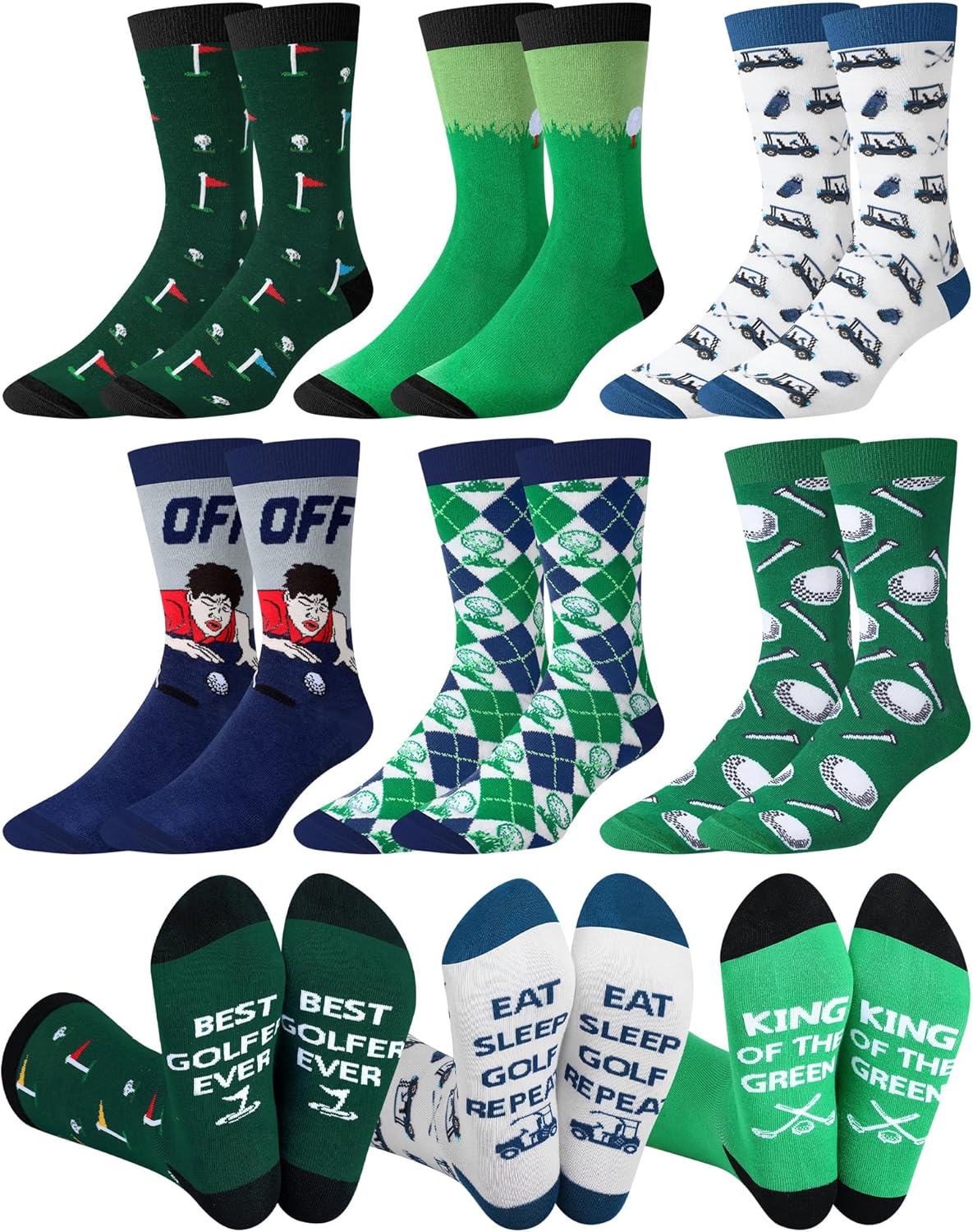 6 Pairs Funny Golf Socks for Men Youth Novelty Casual Cotton Crew Socks Golf Lover Accessories VAlentine day Birthday Gifts for Golfers