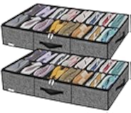 Onlyeasy Sturdy Under Bed Shoe Storage Solution Organizer For Closet Fit 16x2 Pairs, Underbed Shoes Container Bags with Reinforced Handles, Breathable, Linen-like Black, MXAUBS16P2