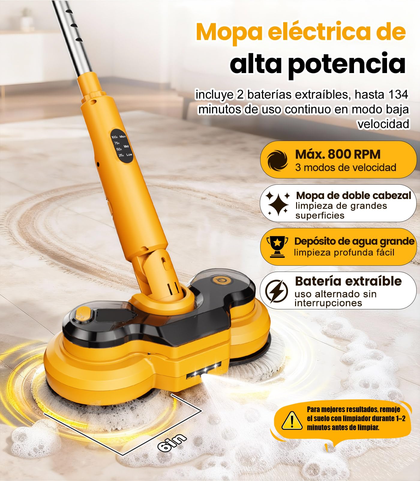 Qimedo Mopa Eléctrica para Suelos Duros, Mopa Giratoria 800 RPM con Baterías Recargables 5000 mAh, Mopa con Spray Inalámbrica para Suelos de Madera y Azulejo