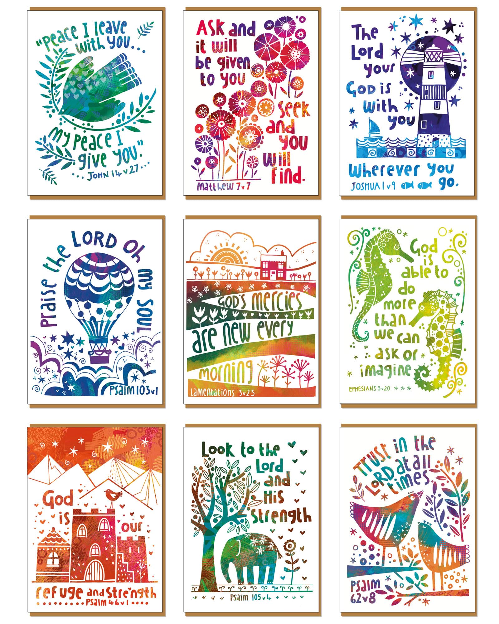 Christian cards for all occasions, 9 designs in this pack of religious cards, blank inside, each with Bible quotes on the front and brown envelopes, by Just Cards Direct (CH4000)