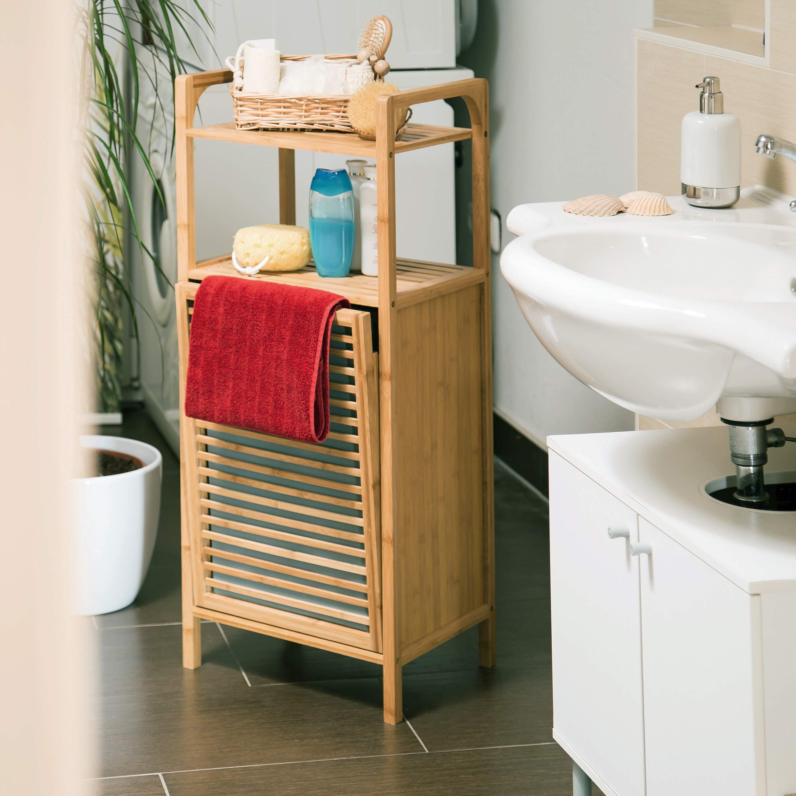 Relaxdays Mobiletto con Portabiancheria, Bambù, 95x40x30 cm, 2 Ripiani, da Bagno, Cesta pieghevole, 25 L, Legno Naturale