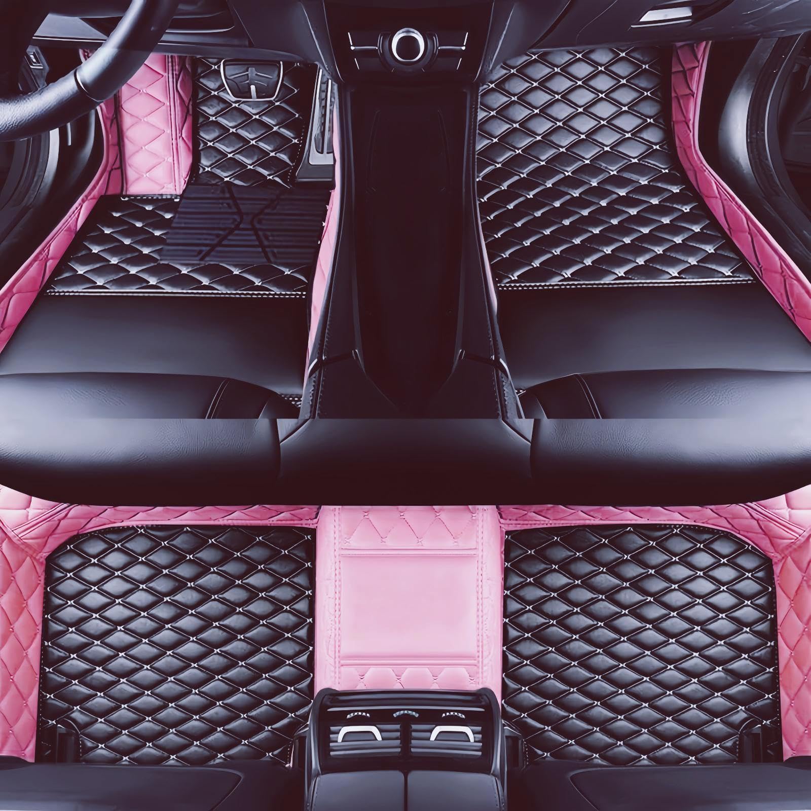 Custom Luxury Car Floor Mats Suitable for All Sedans, Sports Cars,SUV, Business Vehicles, Trucks, Waterproof and Anti Slip Fully Covered Leather Floor Mats (Pink and Black)