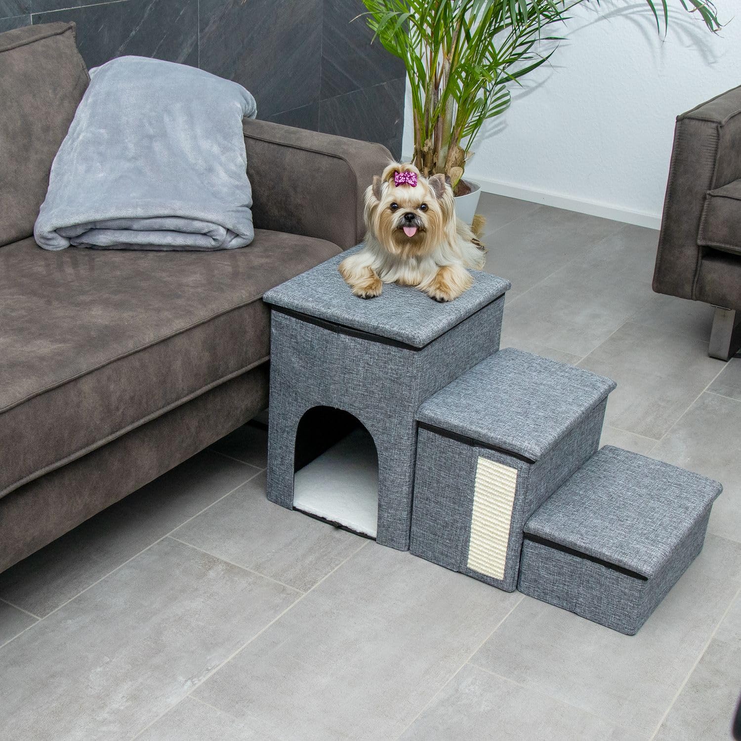 Intirilife Scale per cani pieghevoli con 3 gradini in grigio -72x32,5x43 cm- scale per animali domestici con vano portaoggetti -scala per gatti tiragraffi- box portaoggetti, per divano letto divano