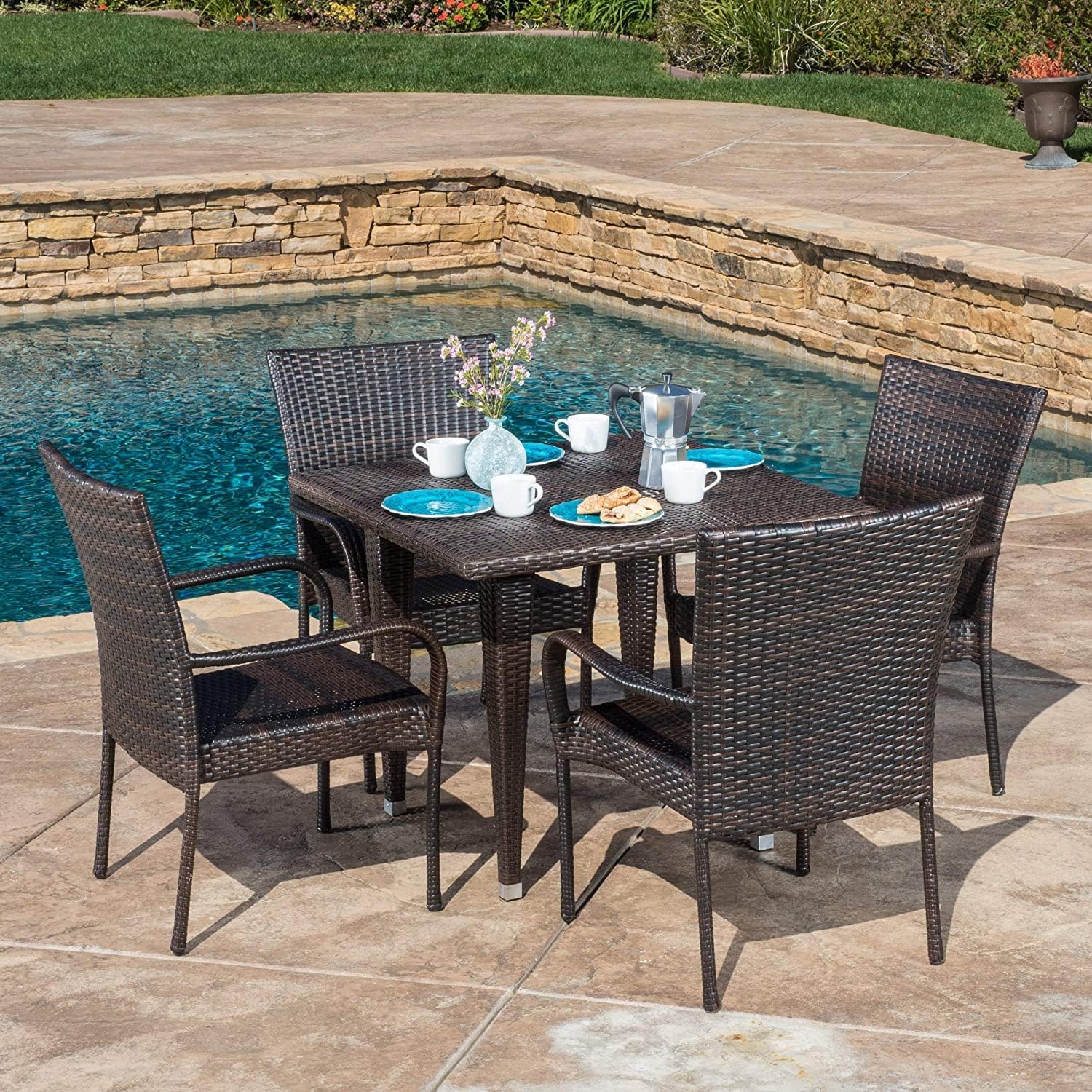 Patio 4 Seater Outdoor Seating Cane Chair and Table Set, Garden Patio Coffee Table Set, Outdoor Balcony Wicker Furniture with 1 Table and 4 Chairs Set-image-19
