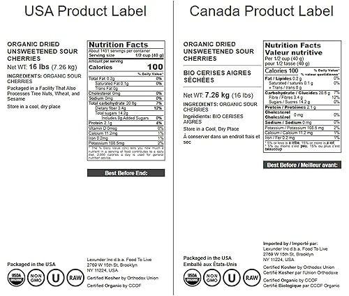 Miniatura 2 de Cerezas ácidas secas orgánicas 16 libras  Cereza sin huesos sin OMG crudas secadas al sol sin azúcar sin azúcar sin aceite vegano Kosher a granel