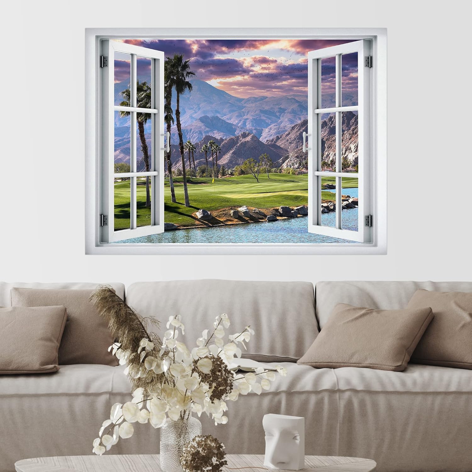 SIGNWIN Removable Wall Sticker/Wall Mural Window View Tropical Palm Tree Mountains Nature Wilderness Photography Realism Decorative Landscape Digital Art for Living Room, Bedroom, Office - 36"x48"