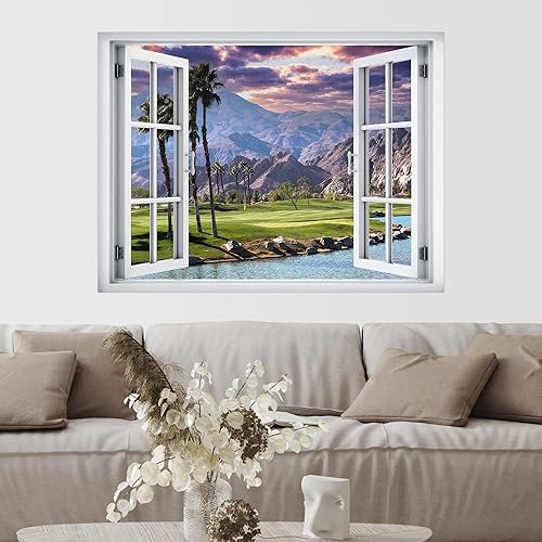 Miniatura 2 de SIGNWIN Adhesivo mural removible para pared, vista de ventana, palmera tropical, montañas, naturaleza, desierto, fotografía, realismo, paisaje