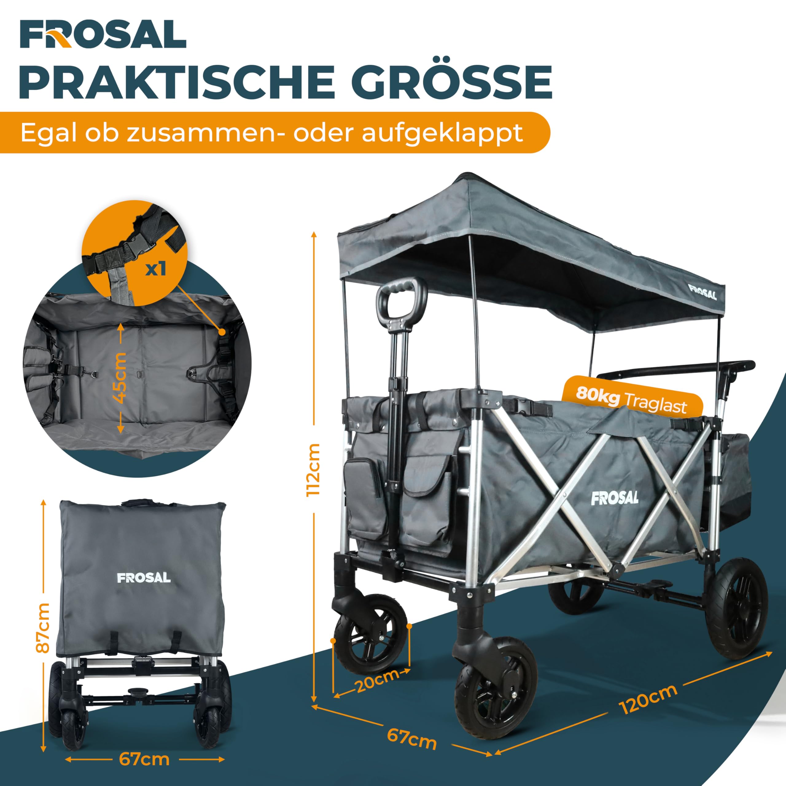 FROSAL Bollerwagen Victor faltbar mit Dach & Bremse – Handwagen klappbar für Kinder, Garten, Camping & Strand – 80kg belastbar, 360° Räder, viel Stauraum, Transportwagen mit Sonnendach