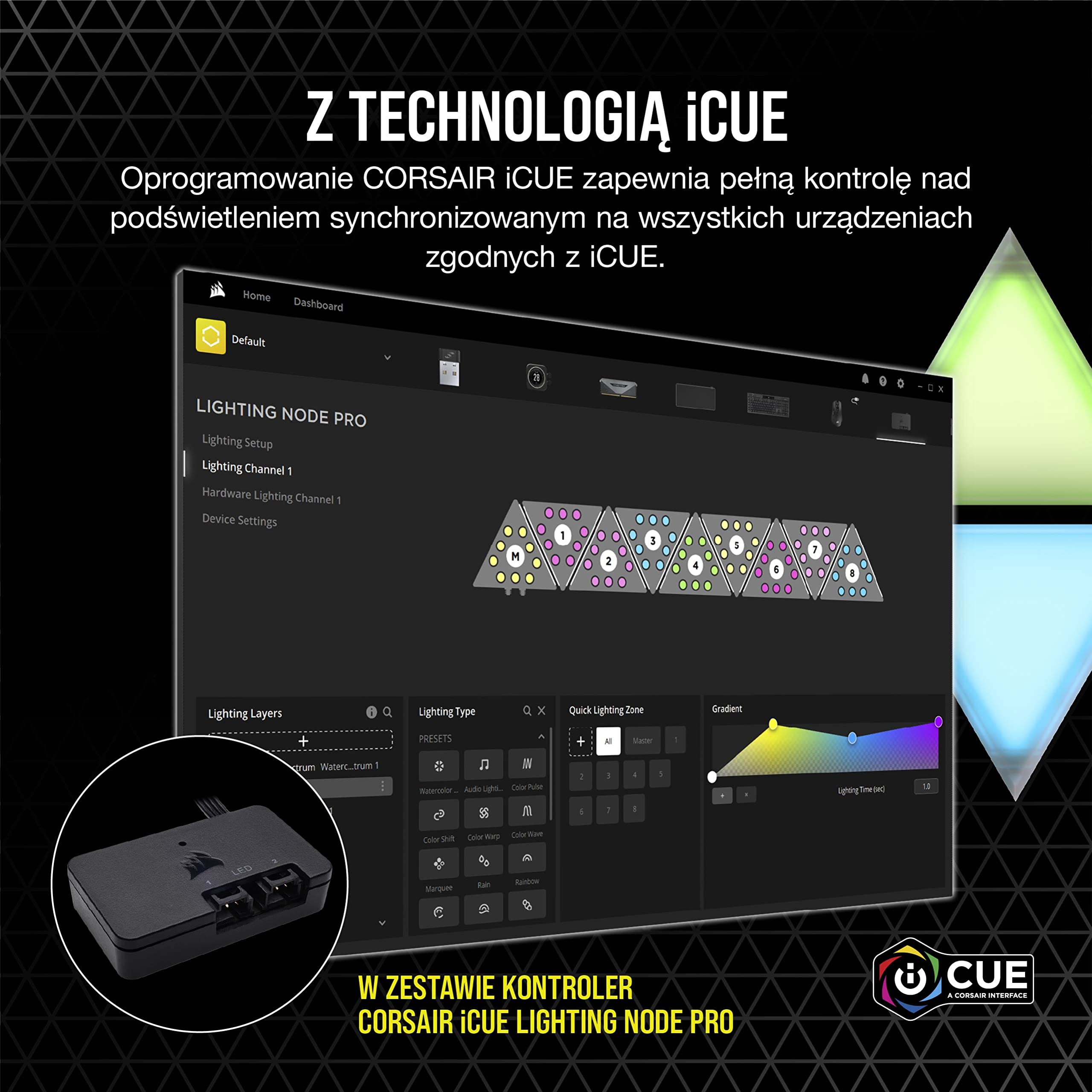 Corsair iCUE LC100 – Panele podświetlające na obudowę – minitrójkąt – zestaw startowy z 9 płytkami (81 diod RGB LED z rozpraszającą światło, CORSAIR iCUE Lighting Node PRO w zestawie) Przejrzysty