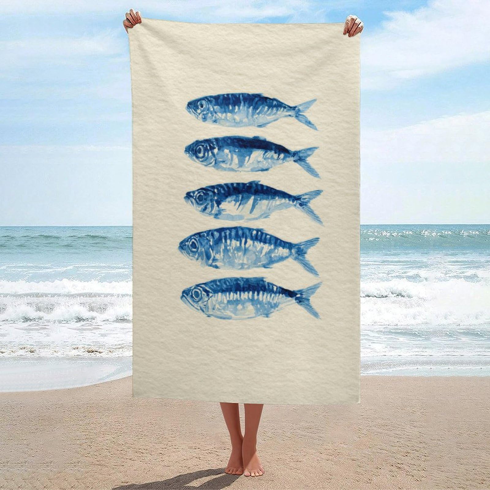 LSRCPD Five Sardines in Indigo Blue Watercolor Beach Towel Sand Free Microfiber Large Shower Towels Multipurpose Absorbent for Bathroom Pool 130x80 CM