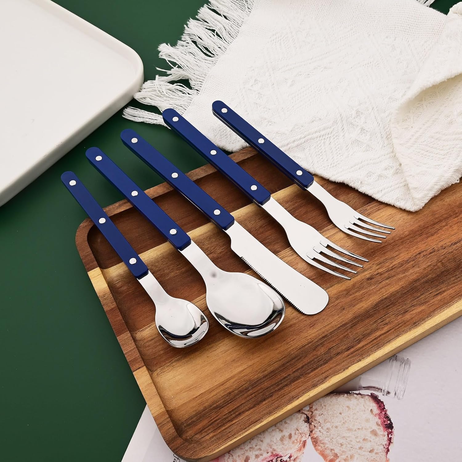 20 PCS Stainless Steel Flatware Set for 4, Silverware Set with Colored Handles, Retro Style Forks Spoons and Knives Set, Vintage Eating Utensils, Blue Acrylic Handle with Rivets Design