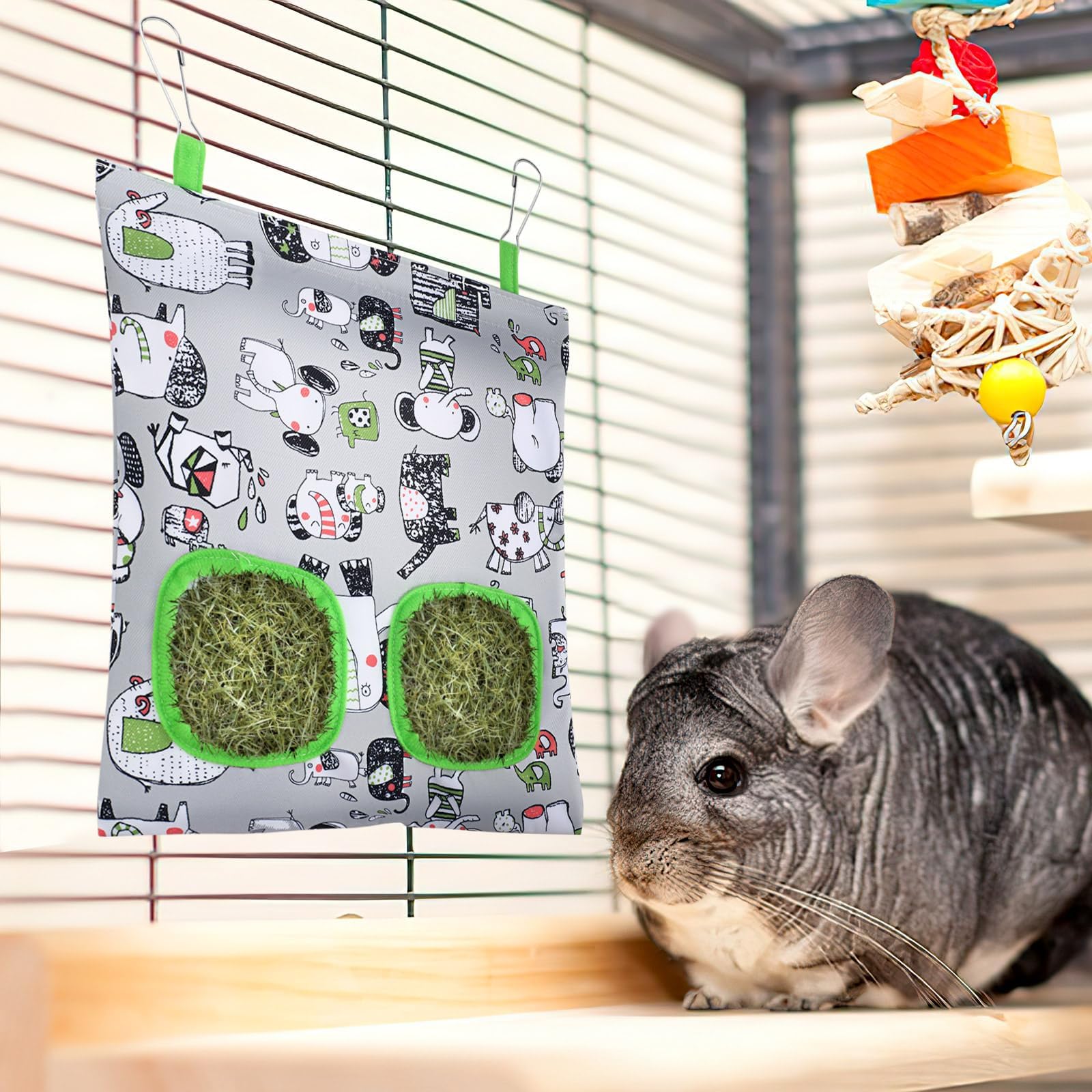 UPINS 3 Hay Bag for Rabbits - 2-Hole Hanging Hay Feeder for Guinea Pigs, Chinchillas, Hamsters & Small Pets (Dark Color) - image 5