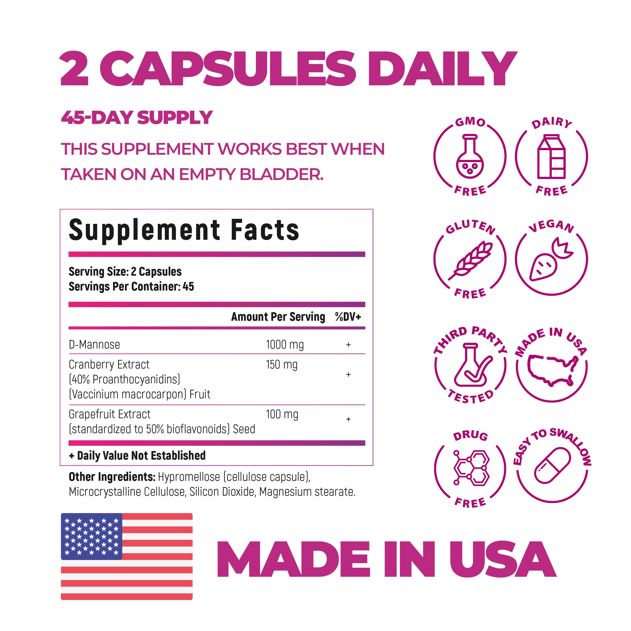 Bladder Control Supplements, D Mannose with Cranberry, 1000mg - 90 caps — Amazon image 7