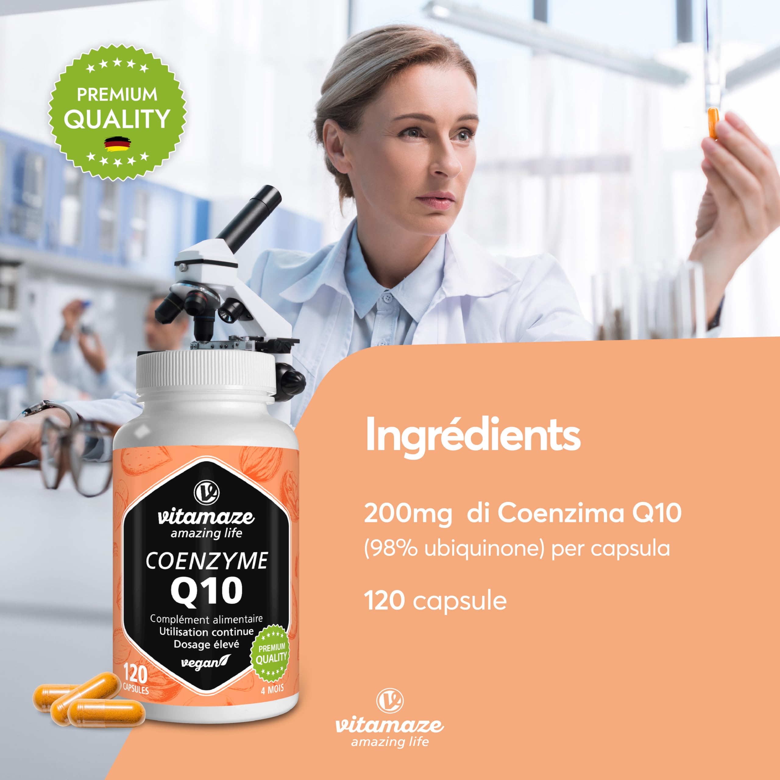 Coenzyme Q10 200 mg - 120 Gélules Pendant 4 Mois - Capsule Vegan avec 98% Ubiquinone - Natural Antioxydant et Énergie - Biodisponibilité Optimale, Qualité Allemande - Vitamaze®