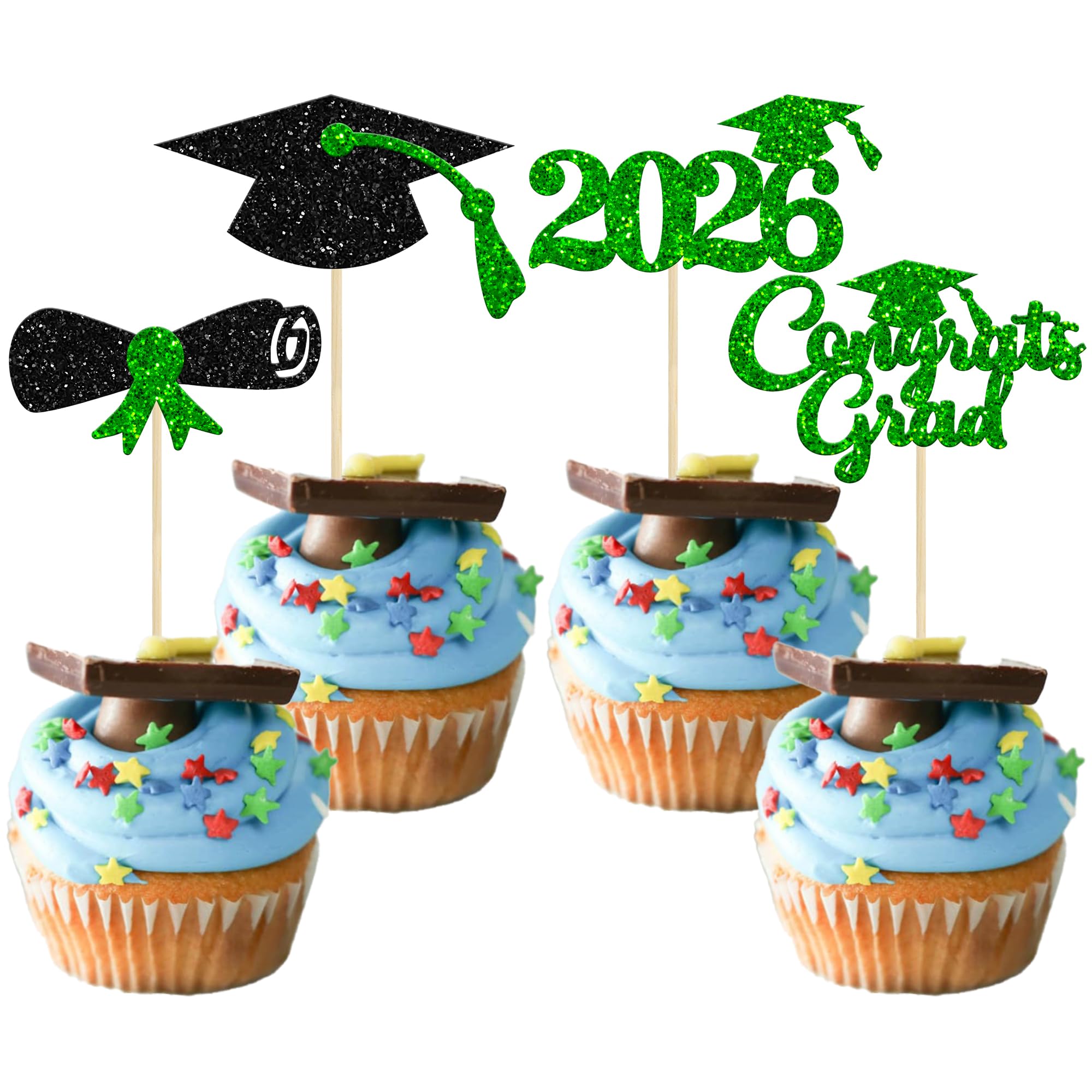 Gyufise 24Pcs 2026 Graduation Cupcake Toppers Glitter Congrats Grad 2026 Diploma Cap Cupcake Picks Class of 2026 Cake Decorations for Grad 2026 Party Cake Decorations Supplies Green โ image 1
