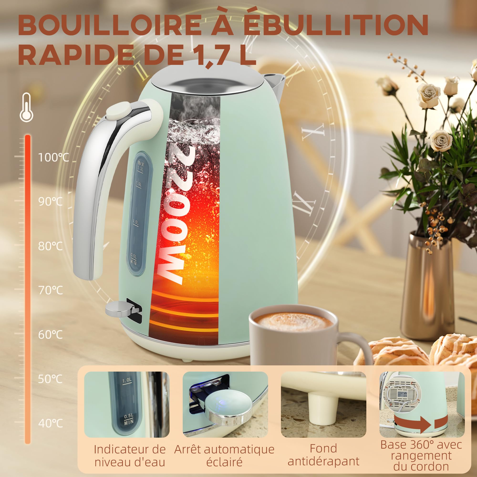 HOMCOM Ensemble bouilloire et grille-pain en inox 2200 W et 1,7 L, grille-pain 2 tranches, 7 niveaux de brunissage, chauffage rapide, thermostat Strix, filtre anticalcaire et plateau à miettes, vert