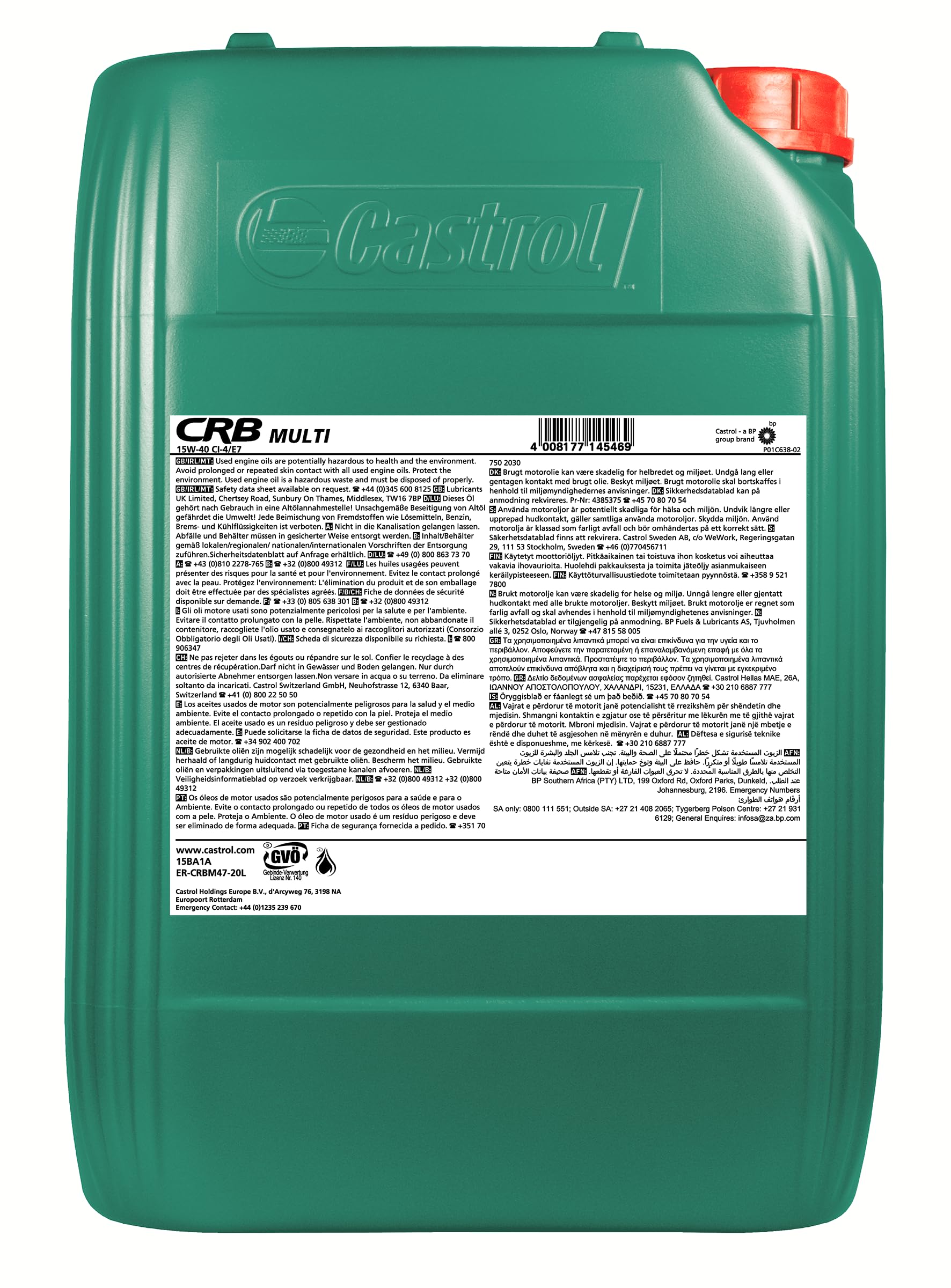Castrol CRB Multi 15W-40 CI-4/E7 Aceite de motor diésel, 20L