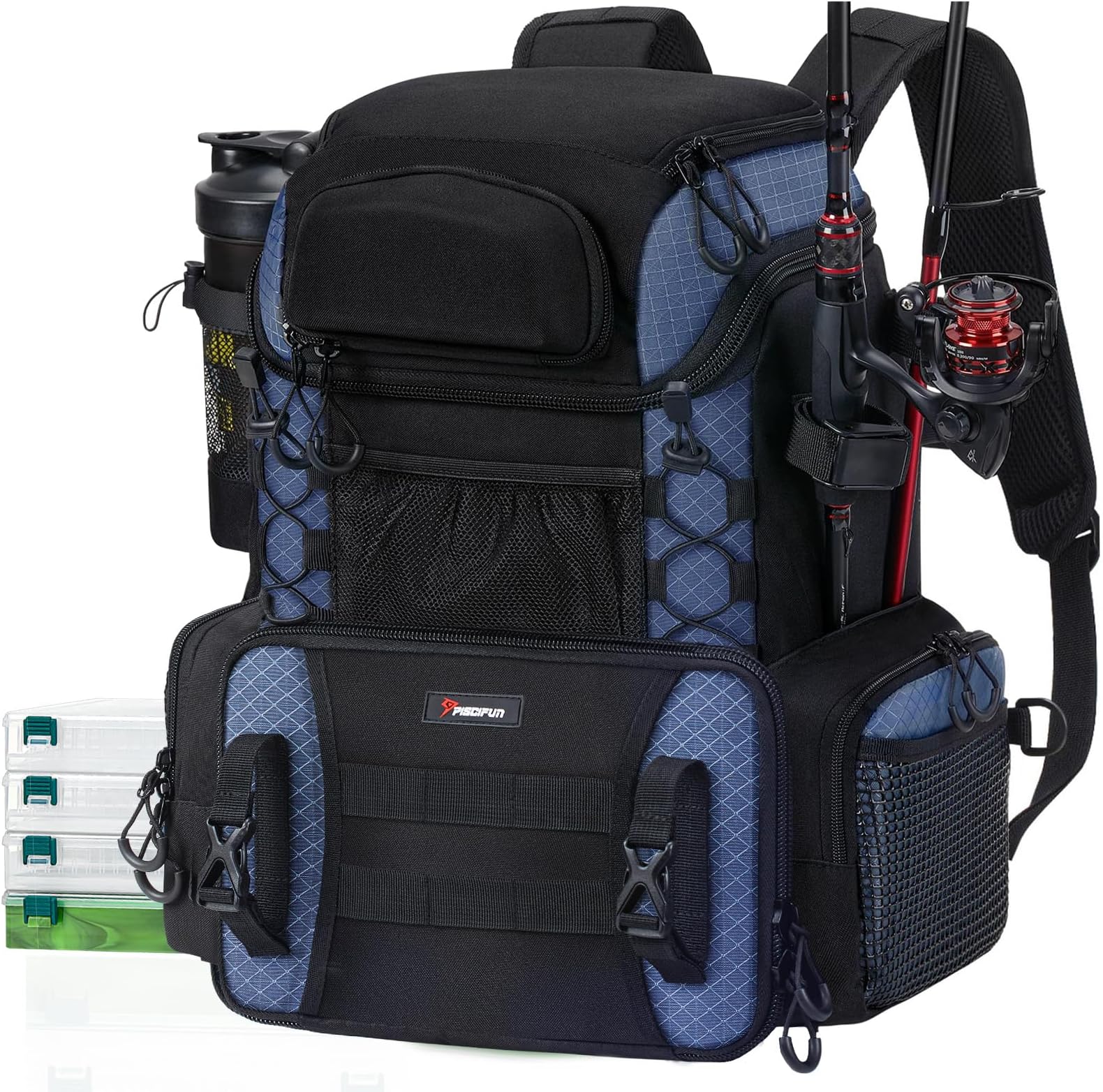 Fishing Tackle Backpack with Rod Holders & 4 Tackle Boxes, 42L Outdoor Fishing Bag with Waterproof Rain Cover