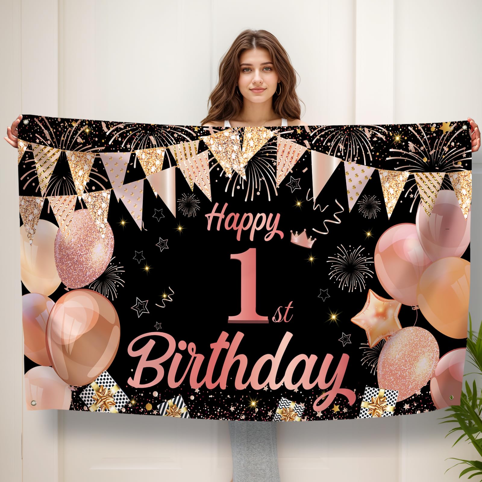 Koliphy 1st Birthday Banner, Happy 1st Birthday Banner Backdrop Decorations Handheld Extra Large Party Background Decor Sign Poster for Boys & Girls(Black Rose Gold)