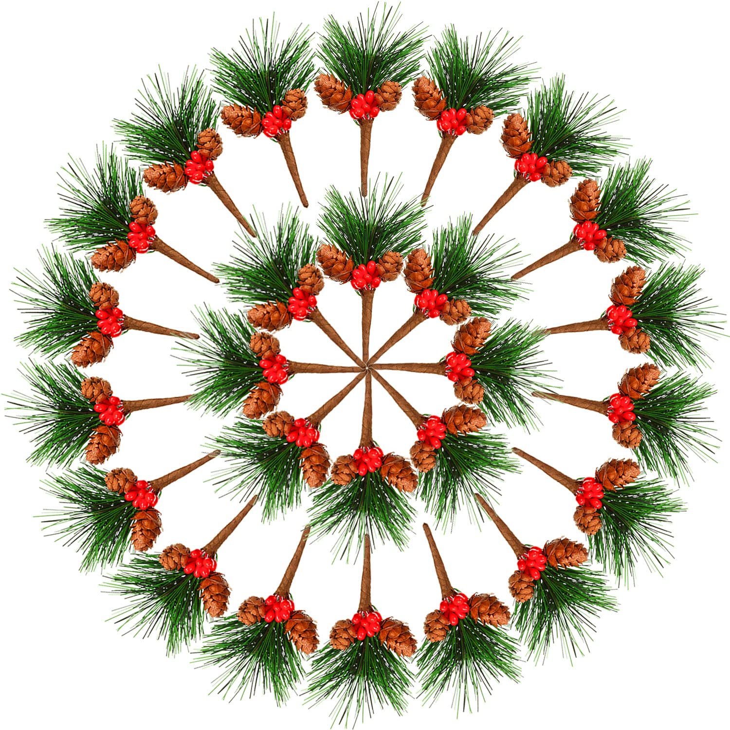Blulu 30 Pieces Artificial Pine Picks Small Pine Tree with Fake Berries for Christmas Tree Flower Arrangements Wreaths Wedding Garden Decorations