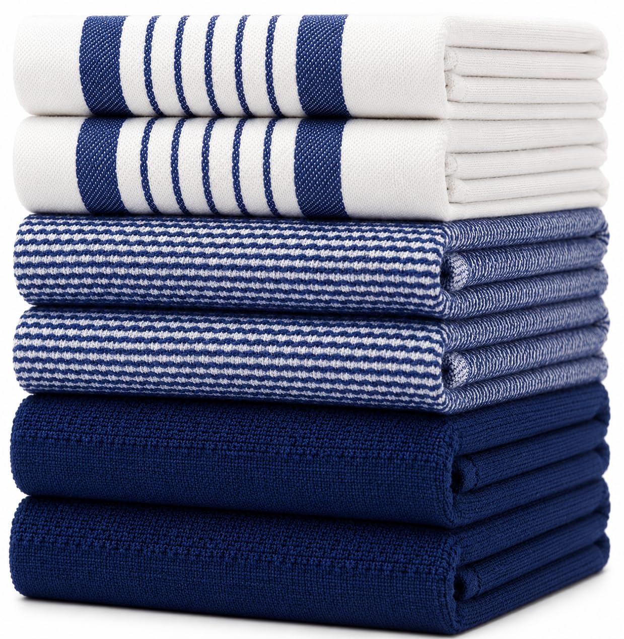 Premium Kitchen Towels 6 Pack 100% Cotton 20"x28" Dish Towels Navy Striped