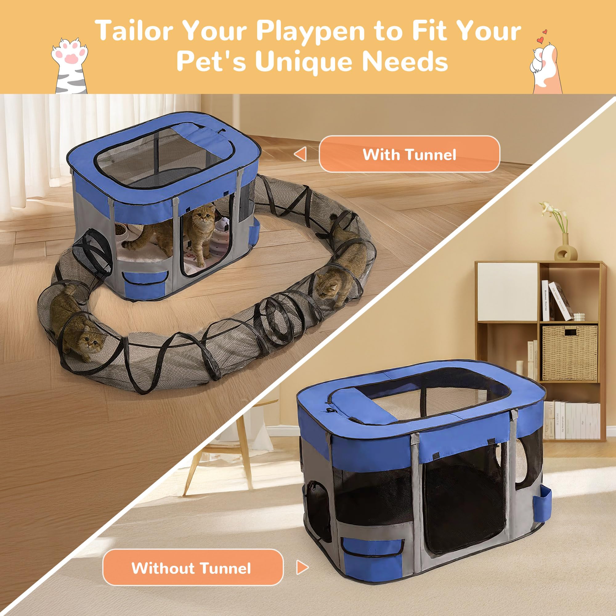 ALLSOPETS Katzengehege mit Tunnel Interaktiver Faltbarer Katzenzaun mit Großem Spielbereich Sicheres Outdoor-Katzenzelt für Hauskatzen Kleine Tiere und Welpen (Blau, XL)