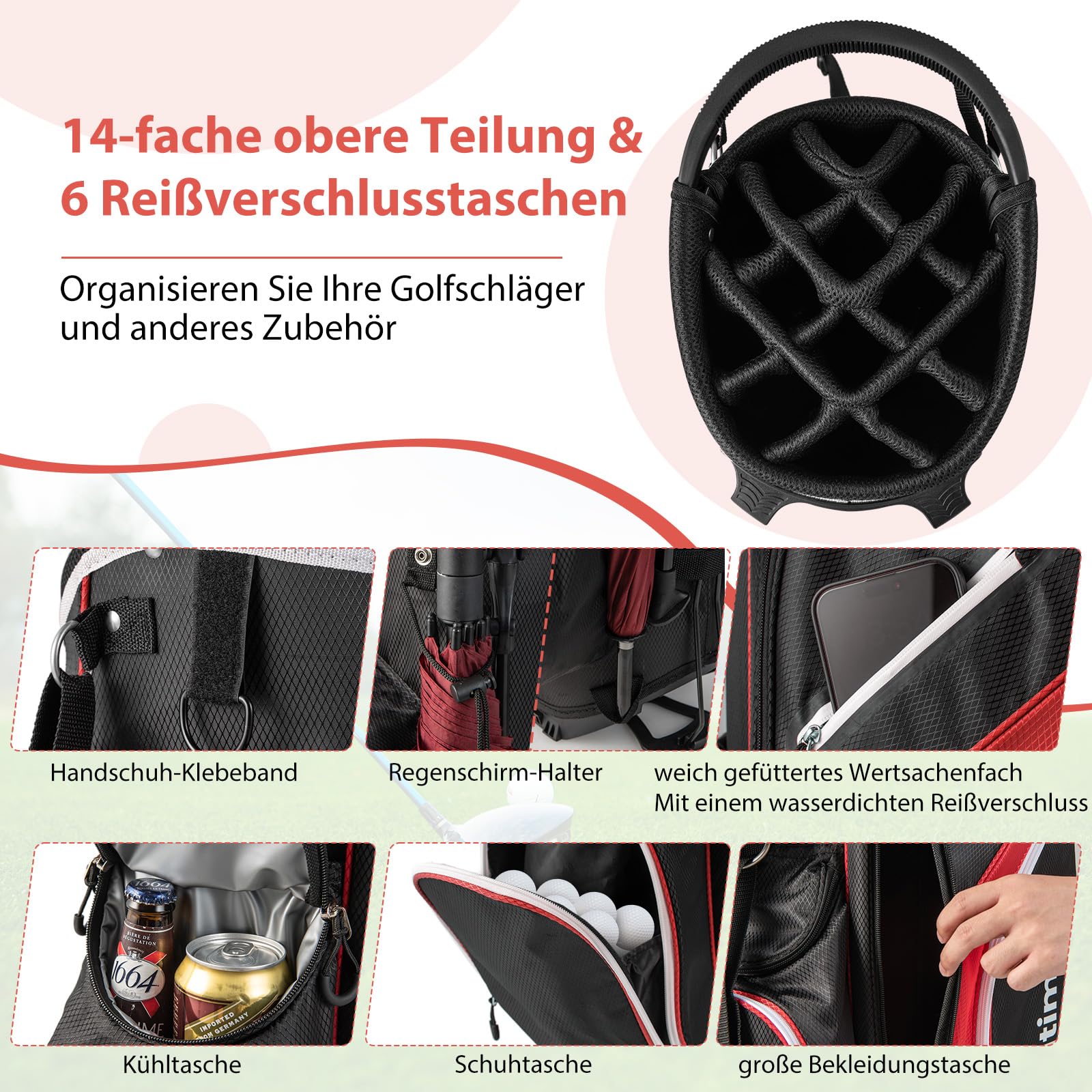 GYMAX Golf-Standtasche tragbar, Golftasche mit 14 Fächern & 6 Taschen, Golftaschenständer mit Regenhaube & Tragegriff, Standbag für Herren & Damen