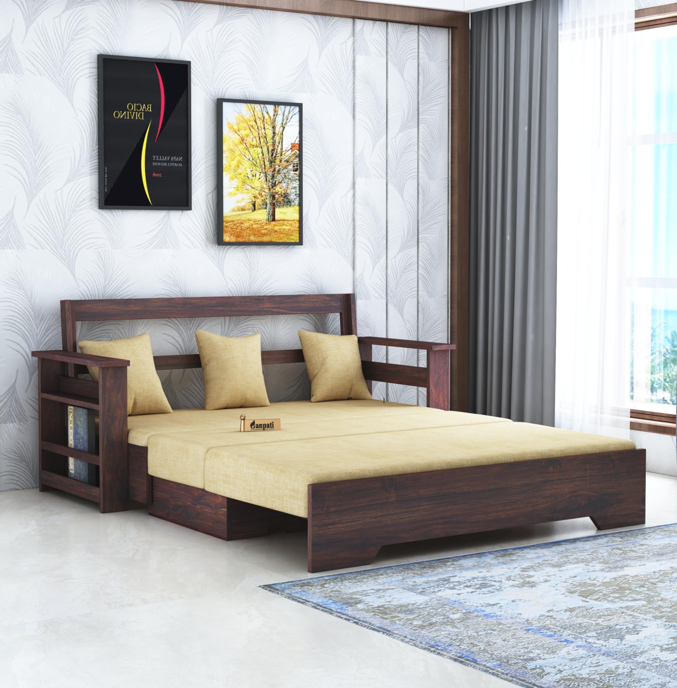 Ganpati Arts Sheesham Wood Foster 3 Seater Sofa Cum Bed for Living Room Home Wooden Bed Furniture for Bedroom - Walnut Finish 1 Year Warranty