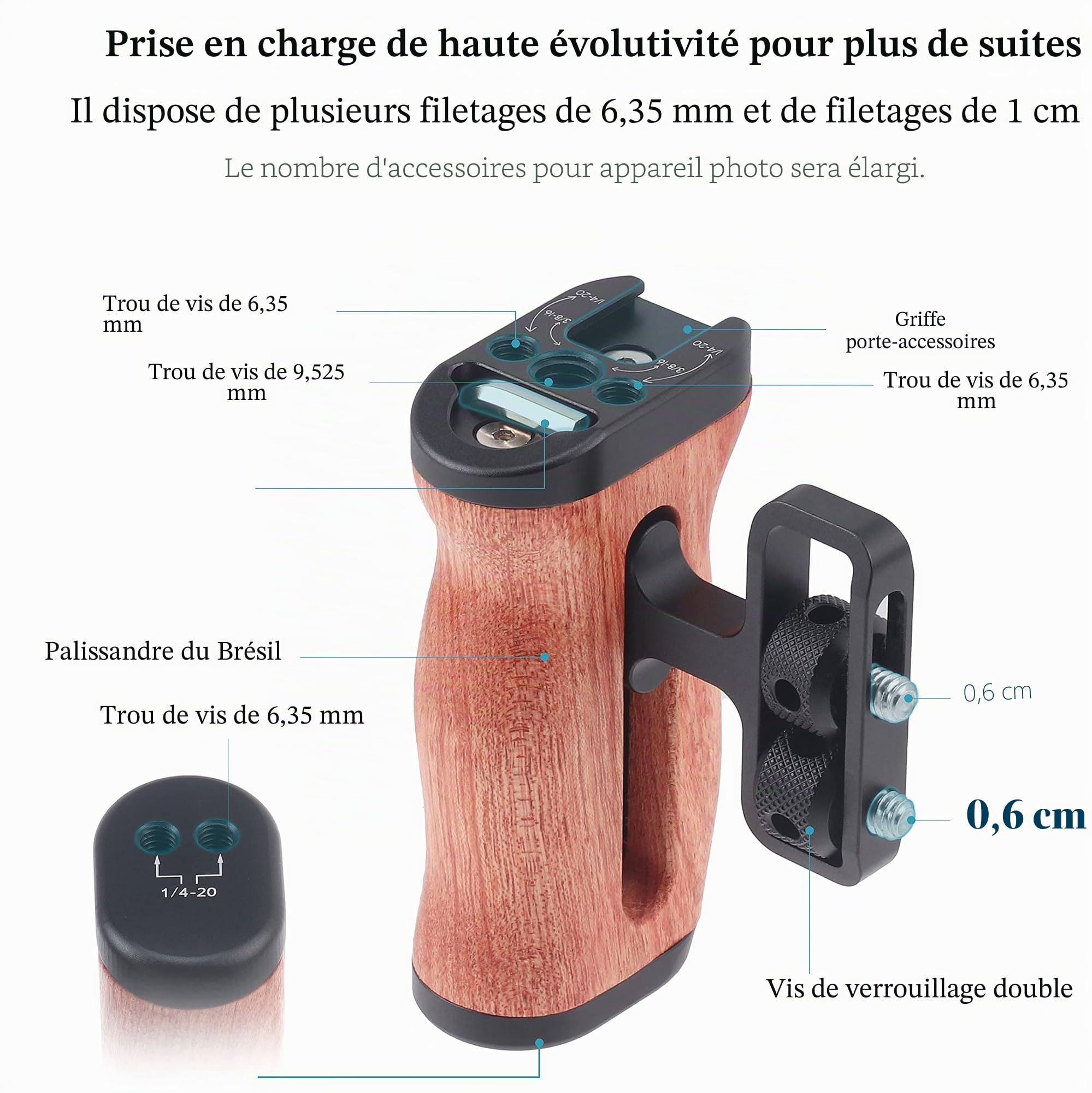 Hersmay Poignée latérale universelle en bois pour appareil photo avec support de griffe de 0,6 cm et 3/8" Trou de vis