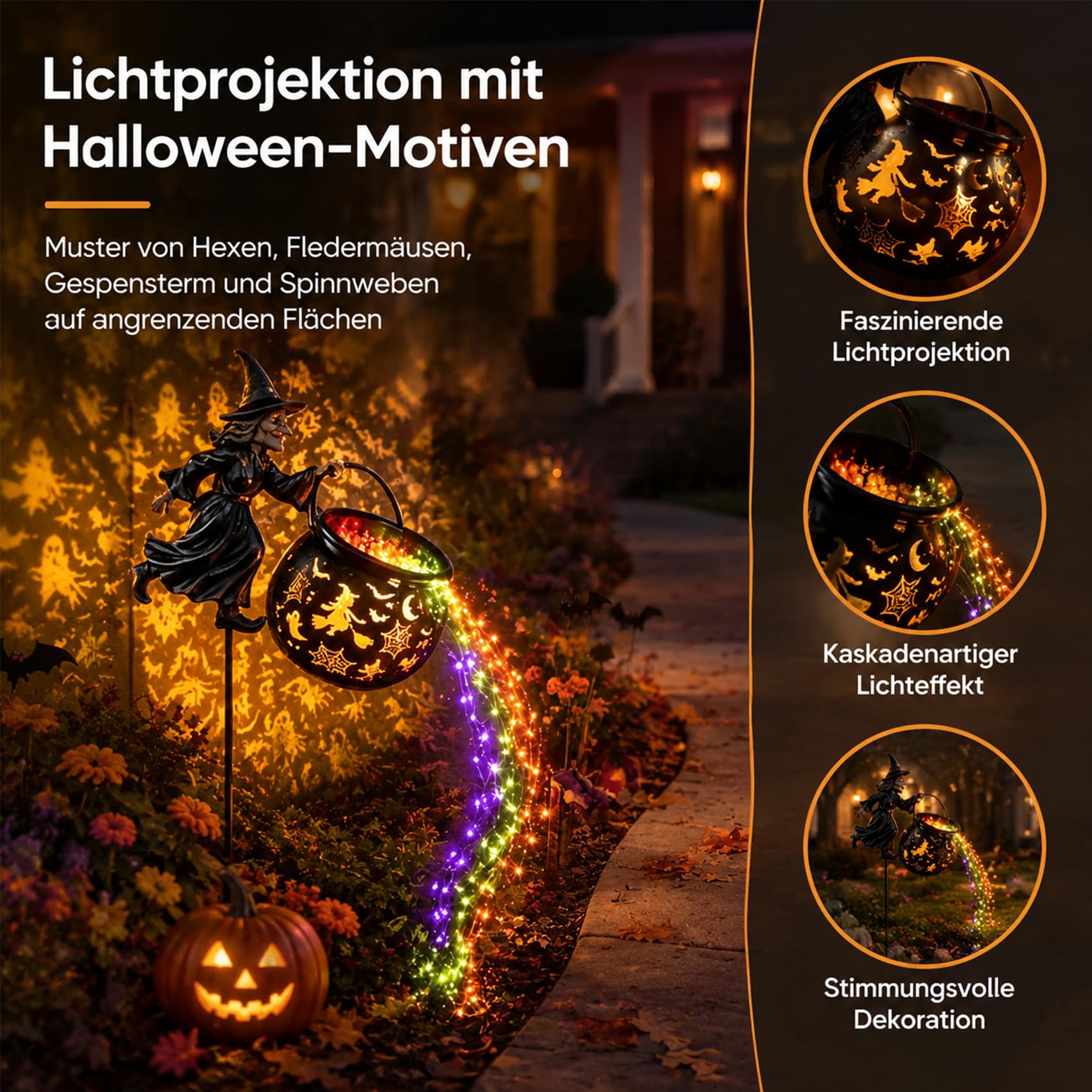 Leuchtender Halloween-Hexenkessel mit Hexe, 2027 NEU Magische HüTe – Hut- Und Wandprojektion Mit Lichterkette, Wasserfall-Stil für Halloween, Zauberhaft für Garten, Rasen und Wege (1)