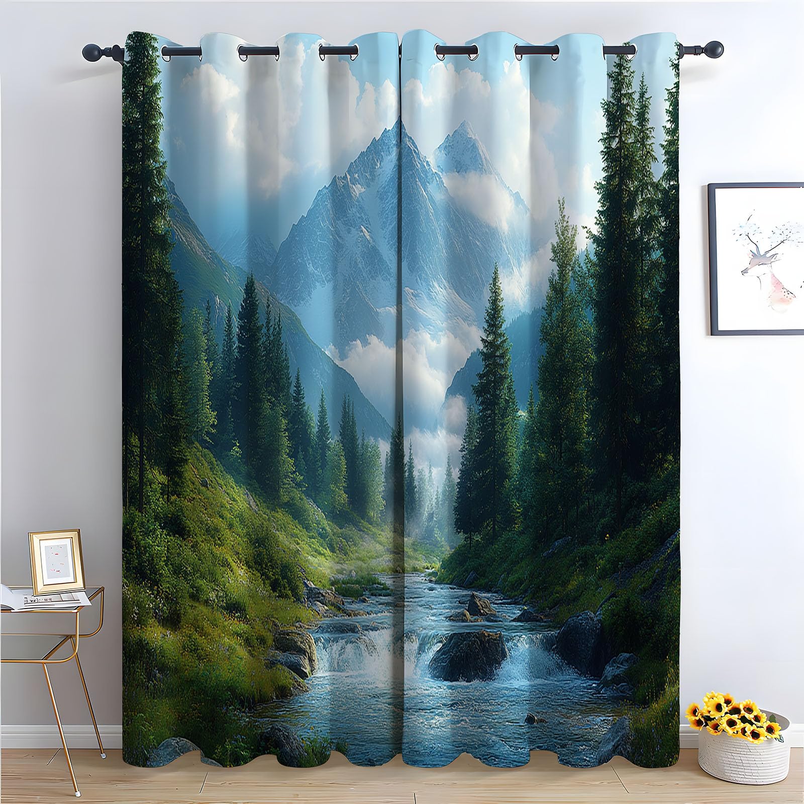 Rideau ruisseau de forêt pour salon frais | Rideaux occultants ambiance montagne